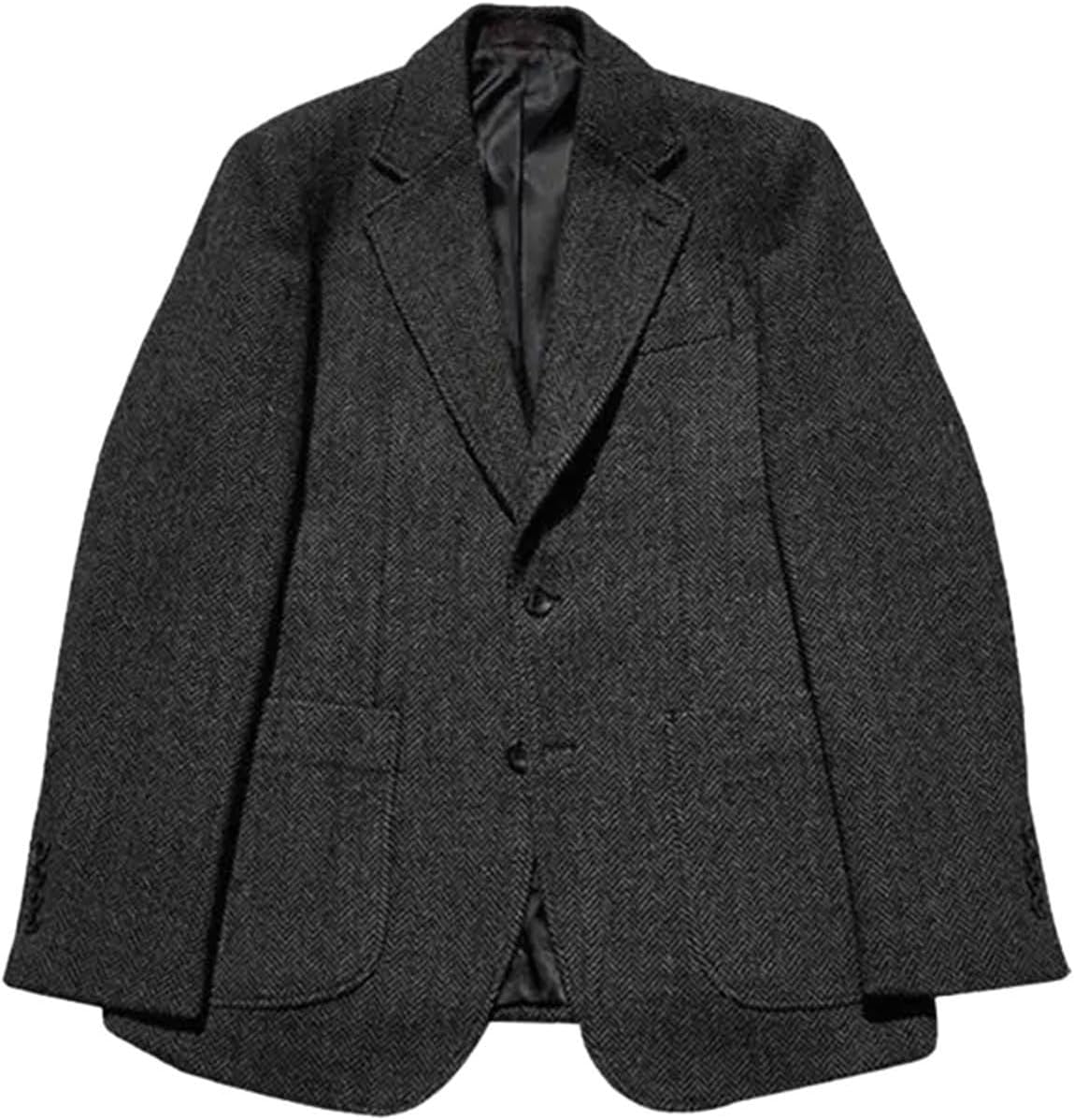 Men's Retro Wool Herringbone Suit Jacket Long Sleeves Single Breasted Thick Tweed Woolen Coat