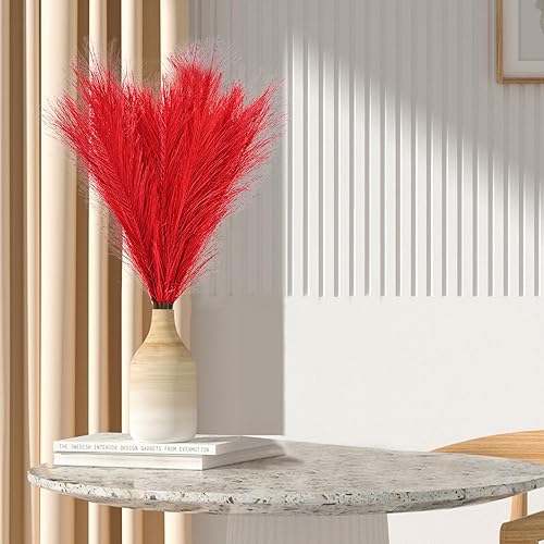 Miniatura 6 de MAKHOT 5 piezas de hierba roja artificial de las pampas alta esponjosa, junco de junco sintético desmontable para relleno de jarrón alto, relleno