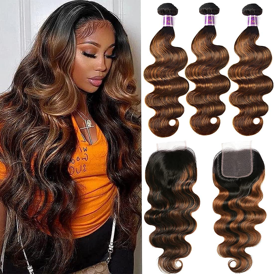 UNICE Brown Highlight Body Wave Human Hair 3 Bundles with 4x4 lace closure, Brazilian Remy Hair Ombre Human Hair Wavy Weaves FB30 Color 16 18 20+14 Closure
