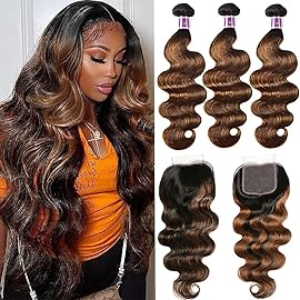 UNICE Brown Highlight Body Wave Human Hair 3 Bundles with 4x4 lace closure, Brazilian Remy Hair Ombre Human Hair Wavy Weaves FB30 Color 14 14 14+14 Closure