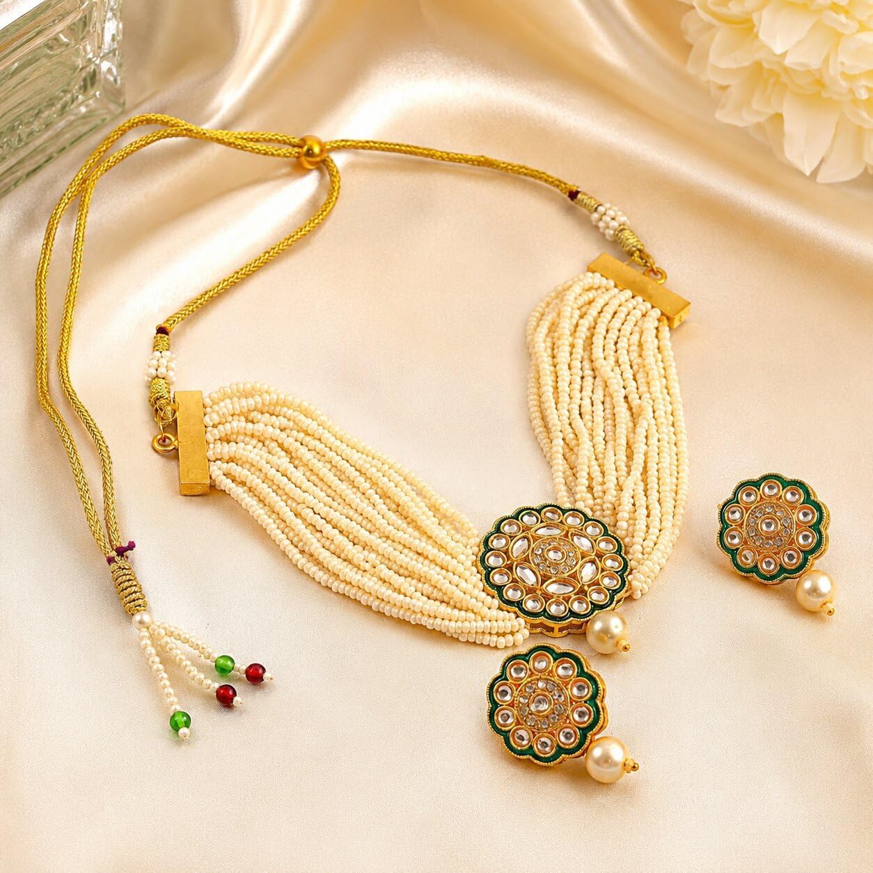 JewarHaat Indian Bollywood Necklace Set Crystal Layered Gold Plated Pearl Ad Cz Choker Gold Tone Meena Work With Matching Earrings Jewelry For Women image 3