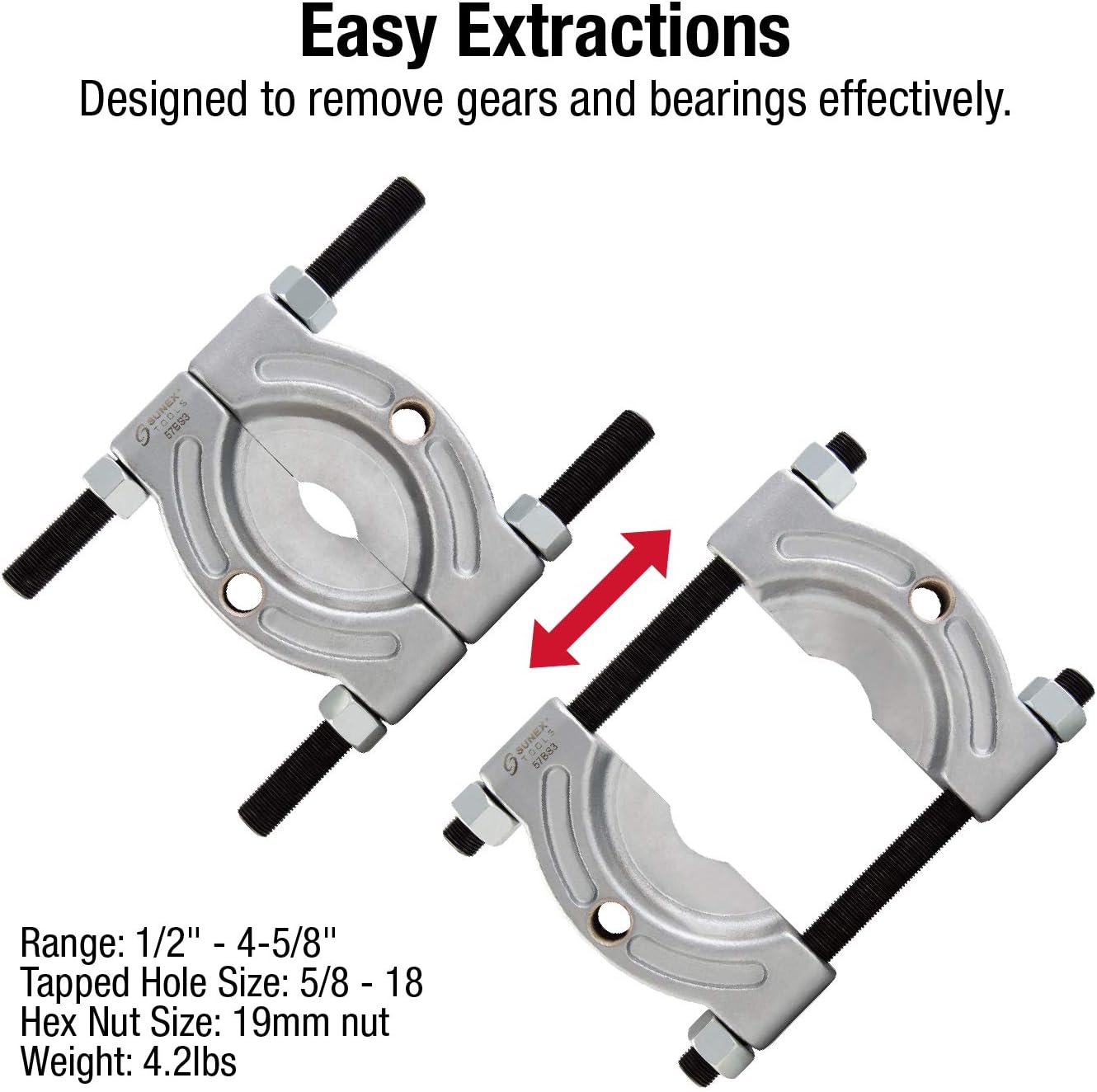 Sunex Tools 57BS3 Bearing Seperator, 1/2 Inch â€“ 4-5/8 Inch, Alloy Steel Angled Edges, Bearing Splitter with Threaded Holes