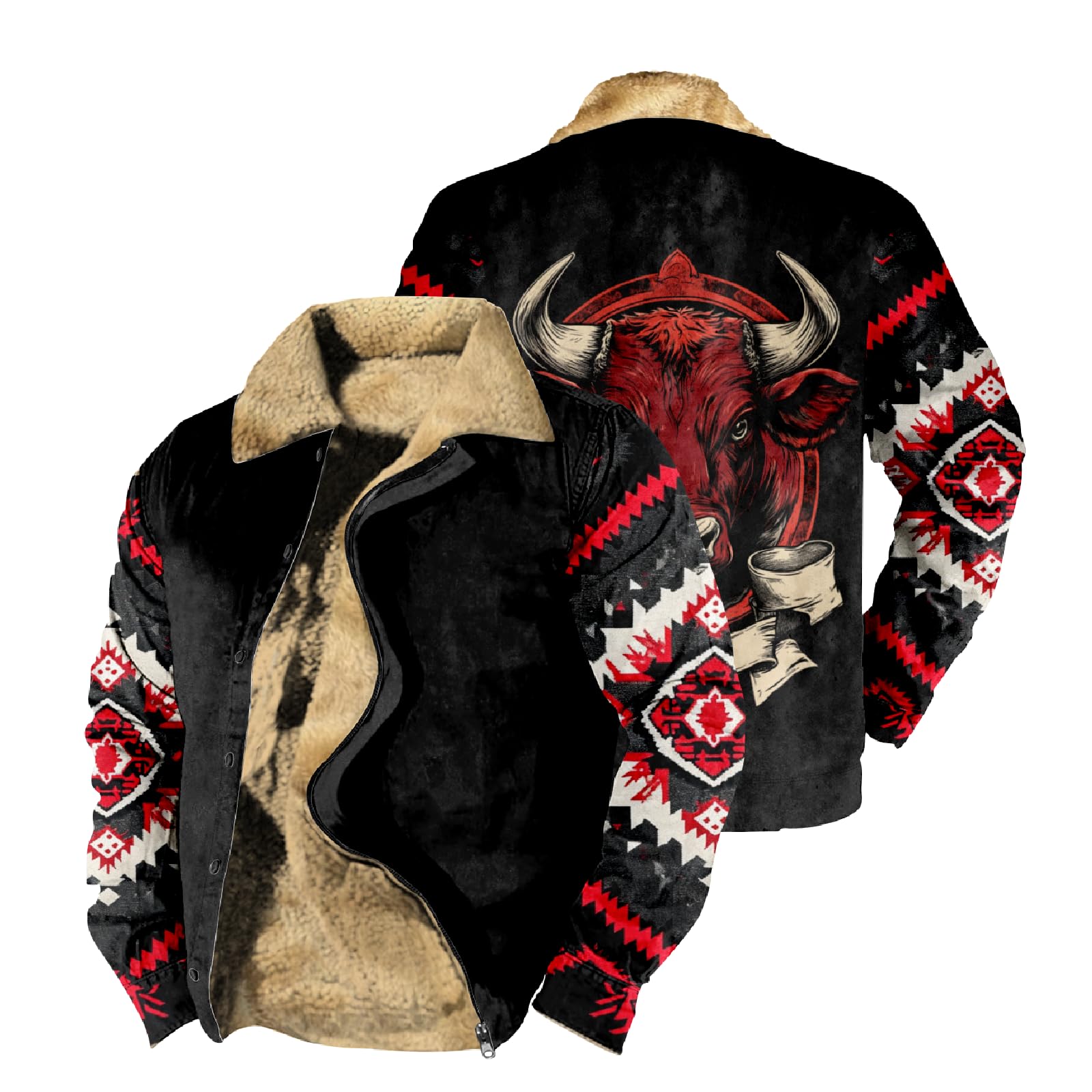 Cowboy Western Jackets for Men Long Sleeve Aztec Sherpa Fleece Lined Zip Up Ethnic Fashion Big And Tall