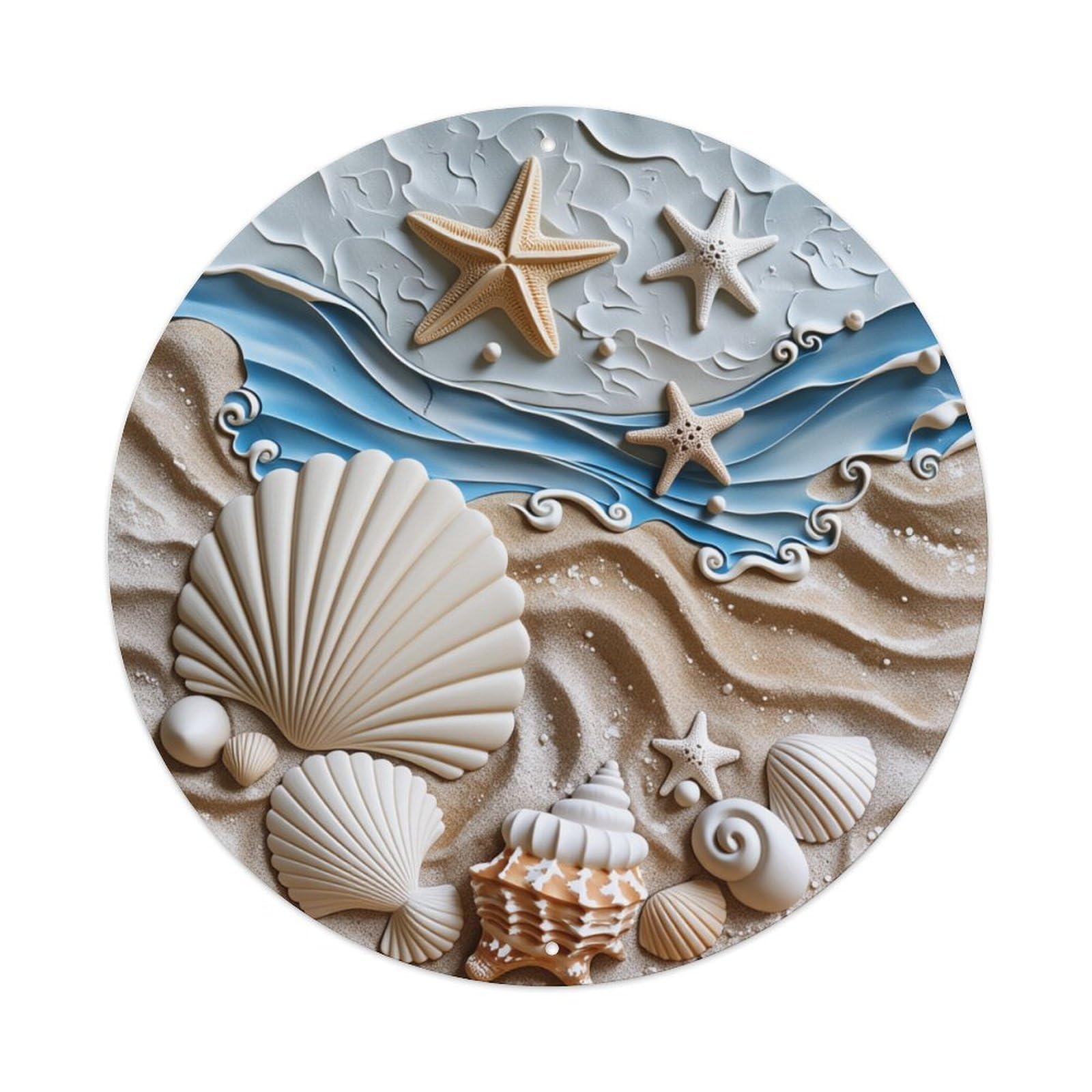 Seashell Starfish Waves Sand Beach Round Tin Sign Retro Metal Sign for Cafe Bar Pub Home Game Room Gym Club Wall Decoration Vintage Metal Poster 8x8 Inch