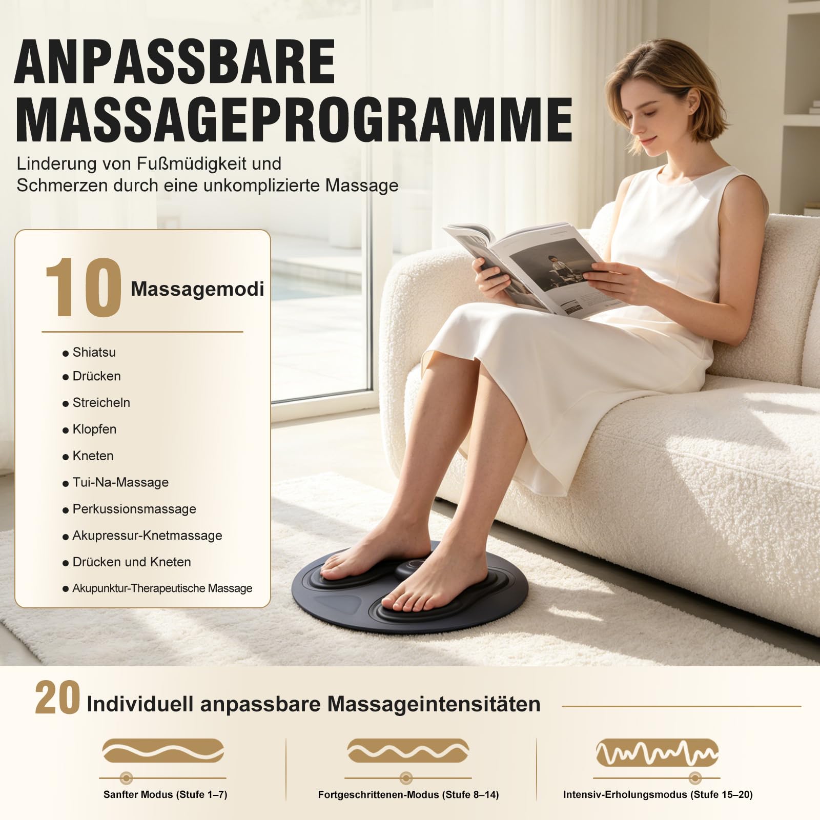 EMS & TENS Fußmassagegerät Durchblutungsstimulator, 10 Modi 20 Stufen, Wasserdicht Silikon-Fußpolster, leicht zu reinigen Leicht zu transportieren Durchblutung verbessern und Neuropathie