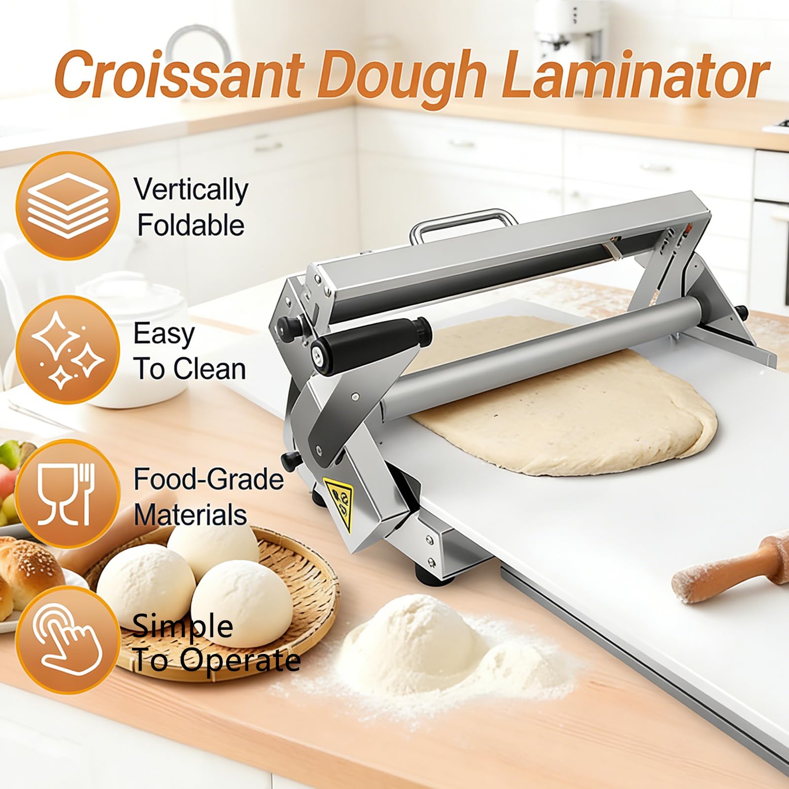 Macchina per pasta sfoglia, srotolare impasto con spessore regolabile da 0,5 a 25 mm, rullo manuale pieghevole per pasta sfoglia, croissant e pizza, con piastra di rotolamento, facile da usare (tipo