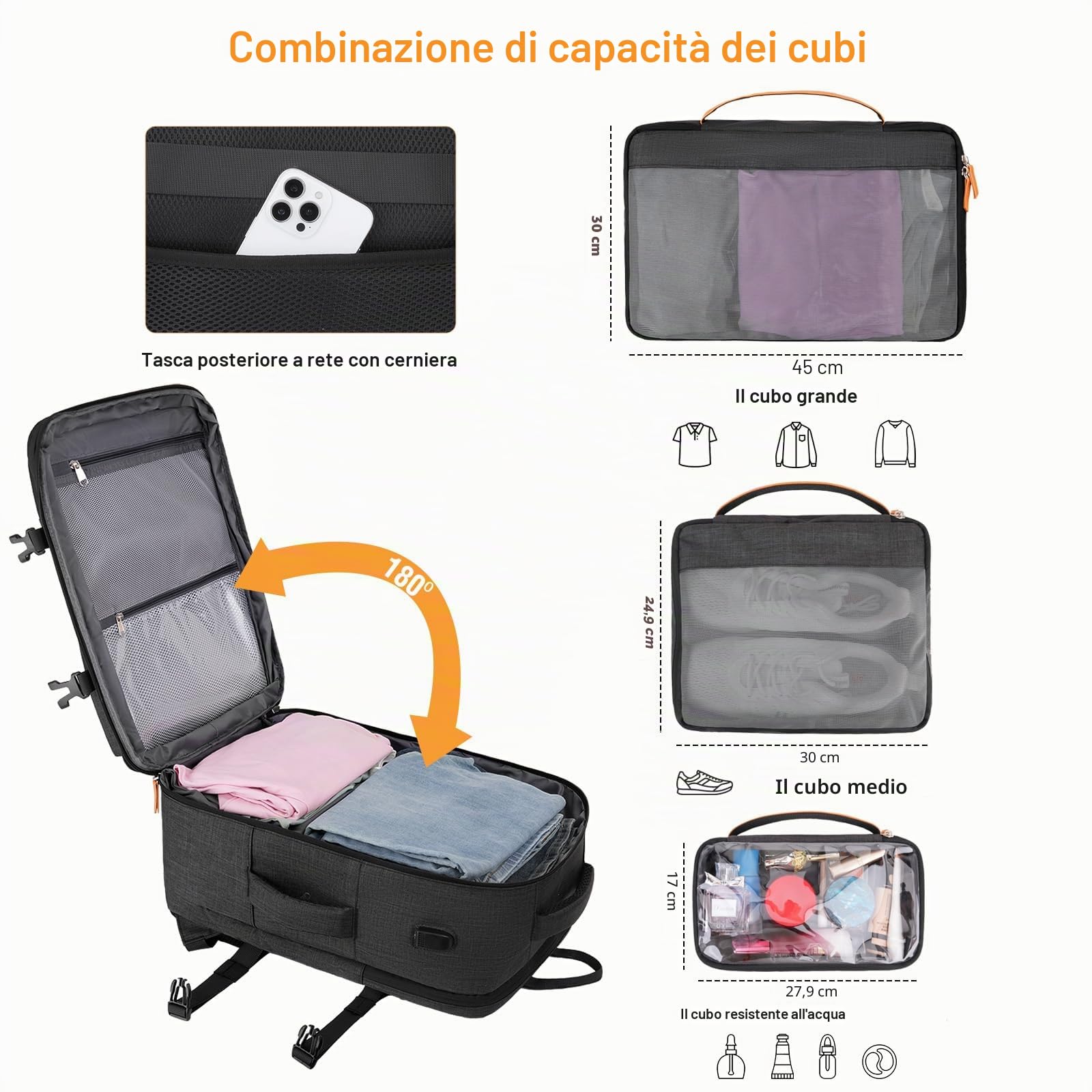 MOSISO Zaino Viaggio 40 Litri Donna e Uomo, Zaino Viaggio Approvato per il | Volo con Porta di Ricarica USB e 3 Scomparti, 17-17,3 pollici Zaini Espandibile per Laptop per Ufficio, Lavoro, Viaggi, Nero