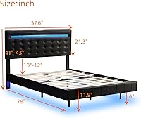 Vista 2 de Base de cama flotante tamaño matrimonial con luces LED y estación de carga USB, plataforma tapizada con cabecero, marco de cama LED moderno