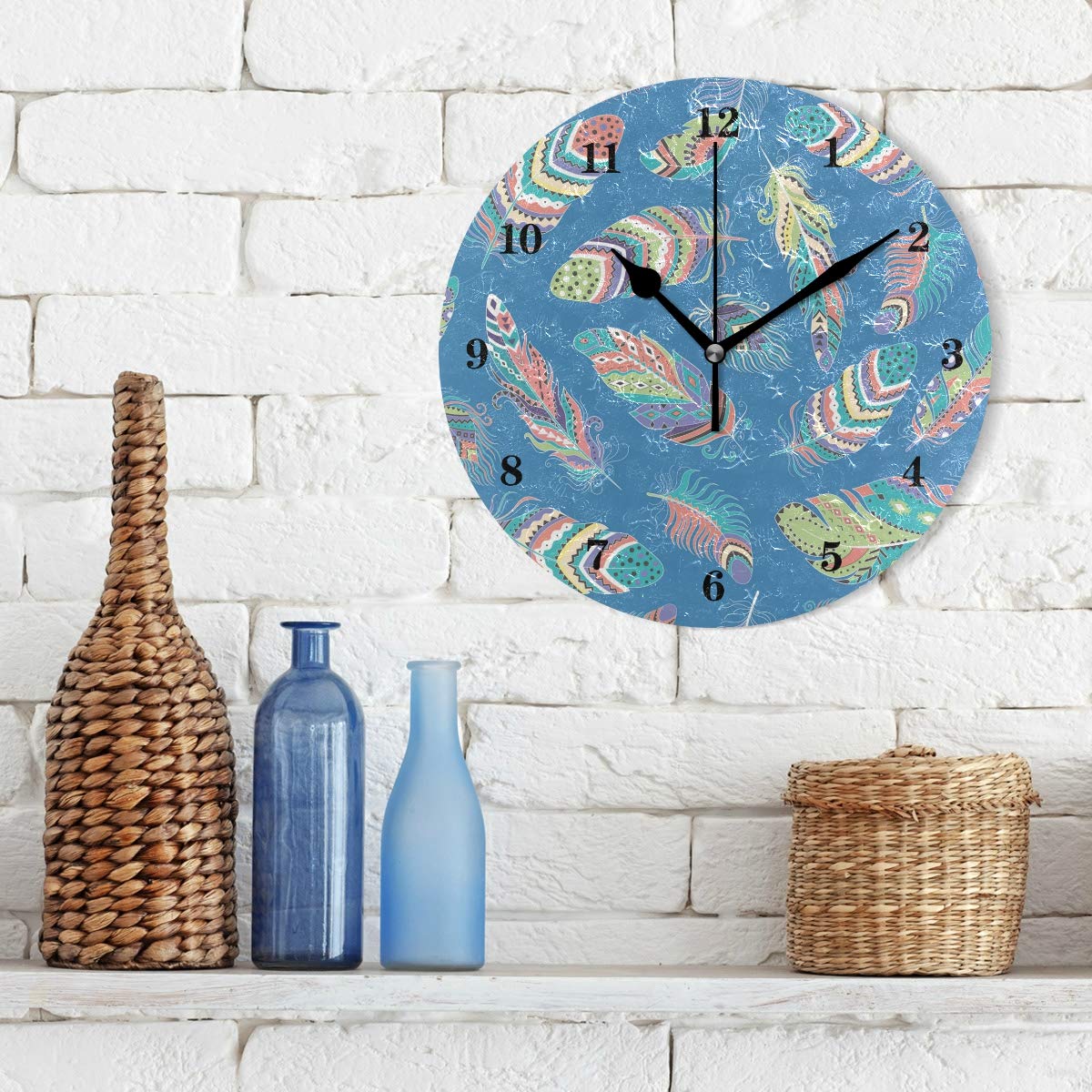 Orologio Da Parete Rotondo Con Piume Colorate – Silenzioso, Acrilico 24 Cm – Per Soggiorno, Camera, Ufficio - 2