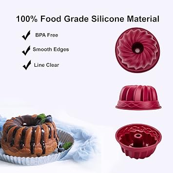 Nalchois 4 Inch Silicone Mini Cake Pan Set of 4, Nonstick BPA Free Cake Molds for Baking, Oven Dishwasher Safe Fluted Tube Pan for Pumpkin Cake, Jelly, Brownies, Bread, Pudding