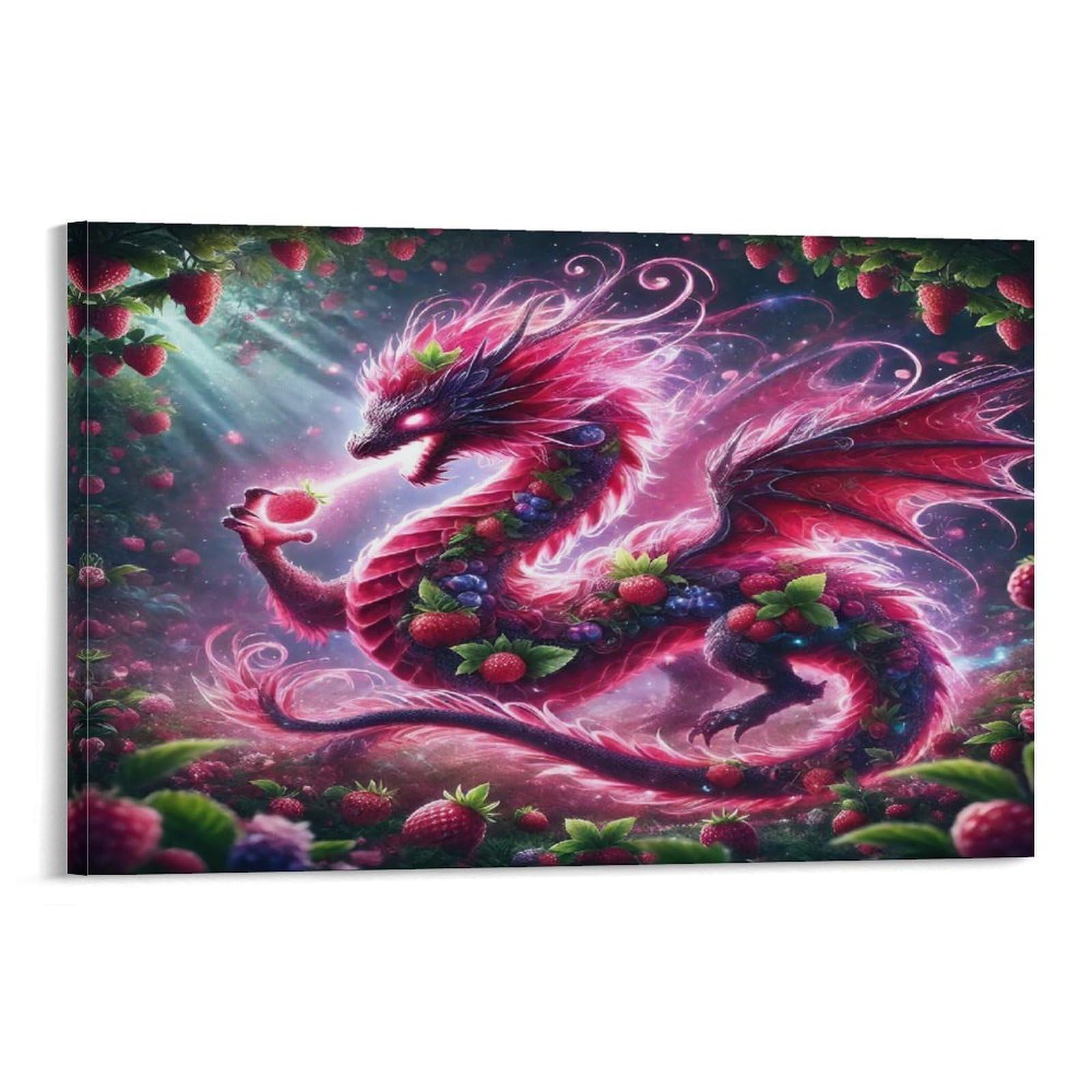 CPLVKWRQJ Cute Blue Dragon Individual Pink Strawberry Fantasy Dragon Canvas Print - Bedroom Canvas Painting Easy to Clean Statement Piece Decor 20x30inch(50x75cm)