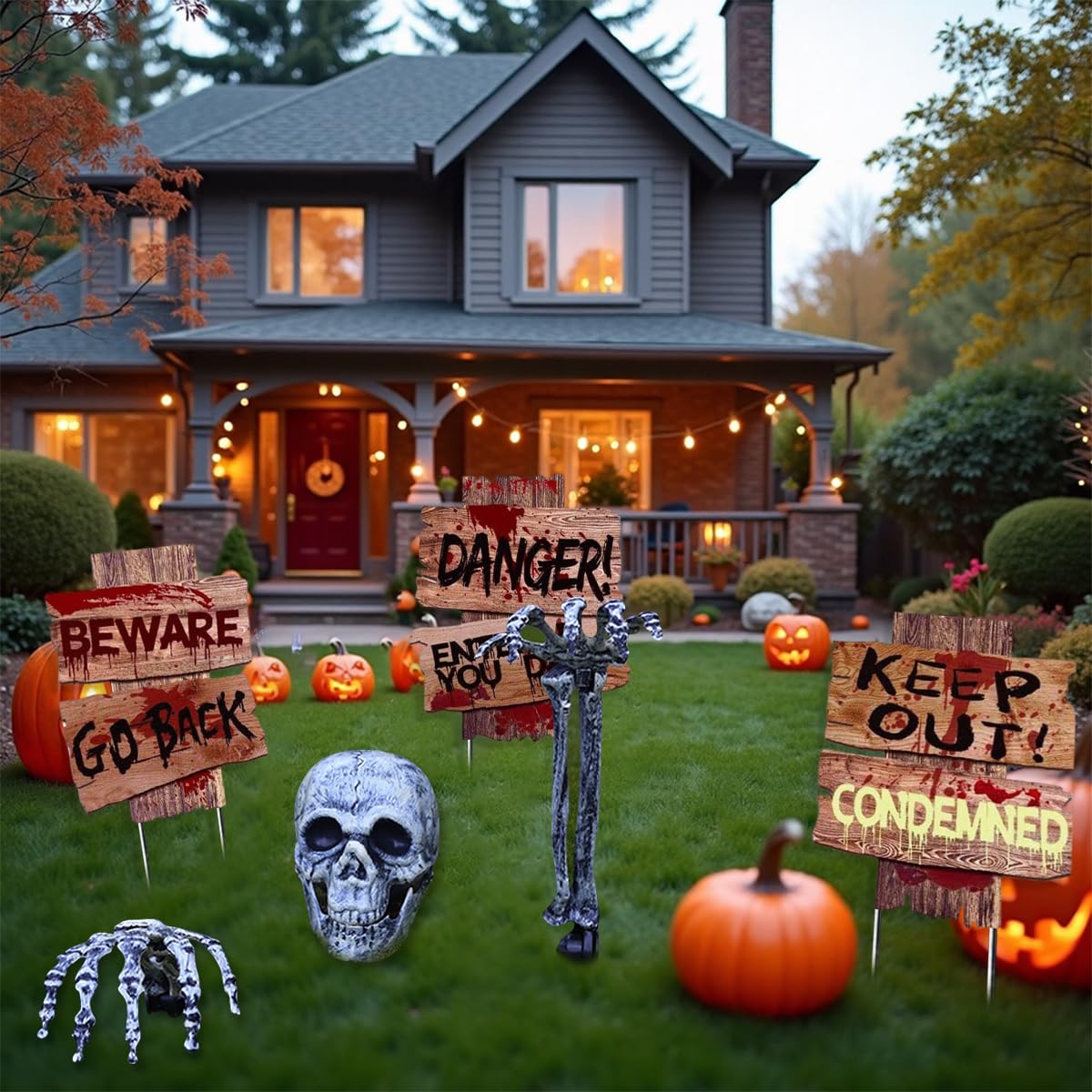 Fałszywa czaszka i zestaw rąk, znak niebezpieczeństwa Halloween, Halloween dekoracja szkieletu 6 sztuk do dekoracji na Halloween dekoracje ogrodowe dekoracje cmentarskie