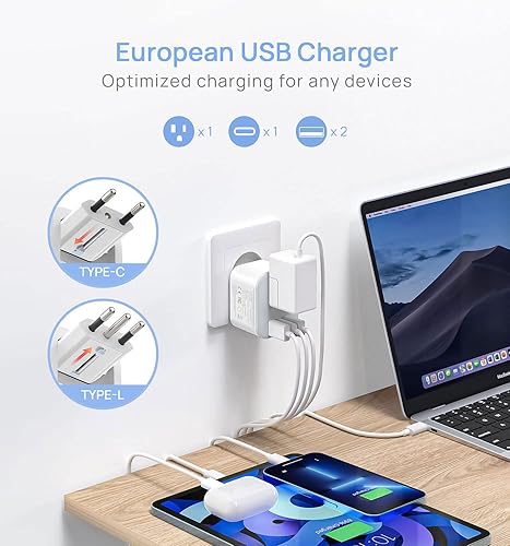 Miniatura 3 de Adaptador de enchufe de viaje europeo - Enchufe de alimentación plegable con 3 USB (1 puerto USB C) y 1 cargador de salidas de CA para EE. UU. a la