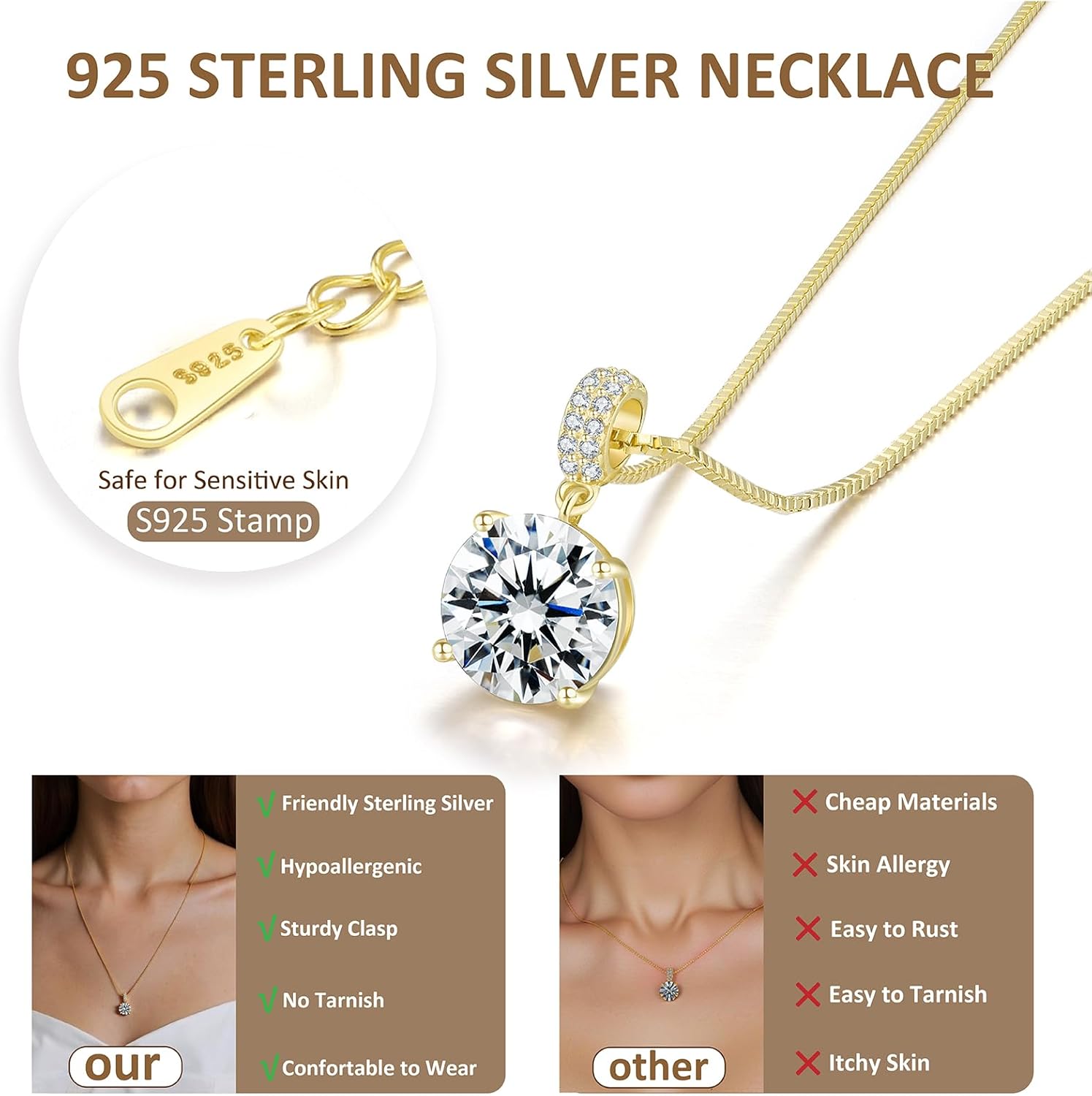 SUNFEEL Sterling Silver Necklaces 2 Carats Cubic Zirconia Necklace Dainty Jewelry Gifts for Mom Wife Girlfriend Bridal for Prom Wedding Anniversary Birthday - Image 6