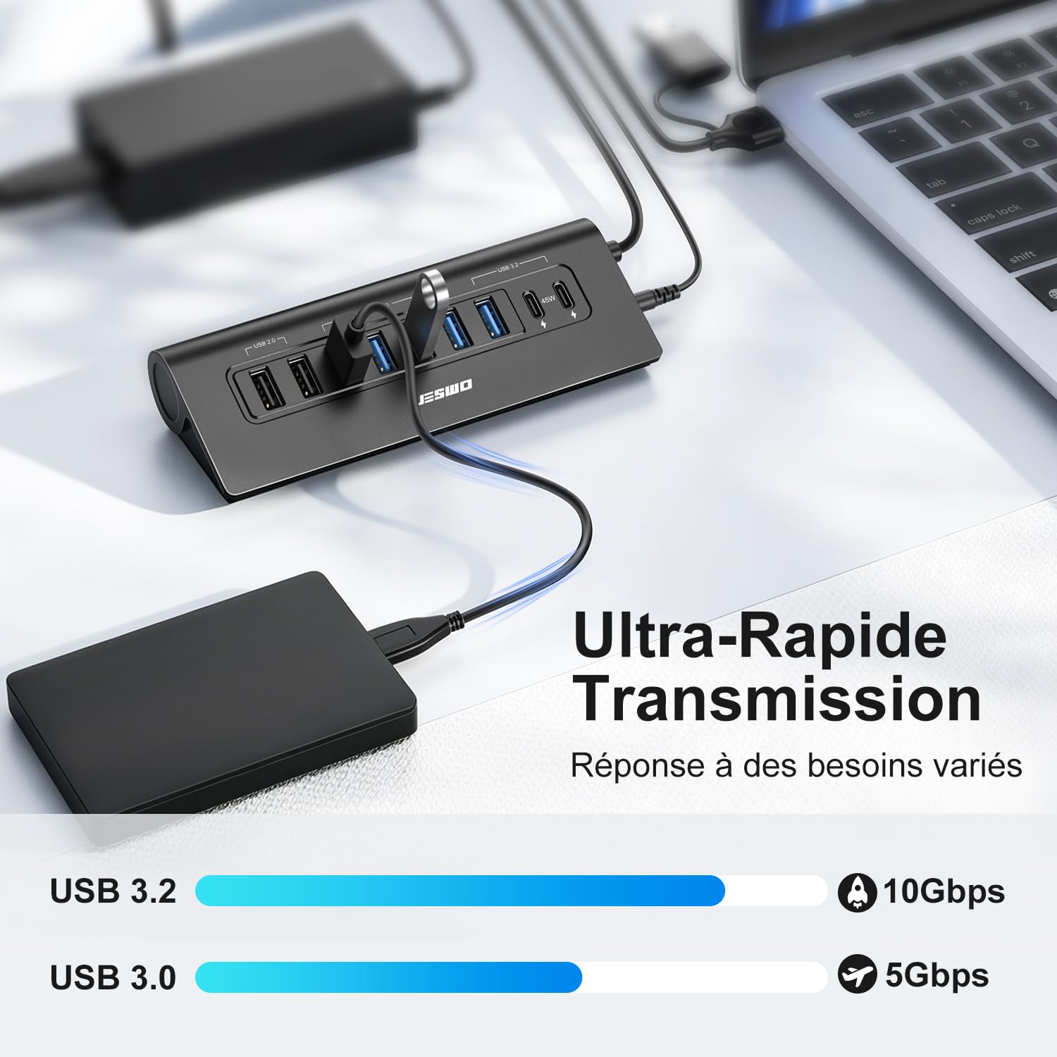 JESWO 65W Hub USB C Alimentato 9 Porte Alluminio Hub USB 3.2 10Gbps(USB A+C