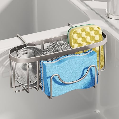 Miniatura 13 de SWTYMIKI Soporte de esponja para fregadero de cocina, organizador de cocina móvil con gancho en forma de M, organizador de esponja colgante de acero