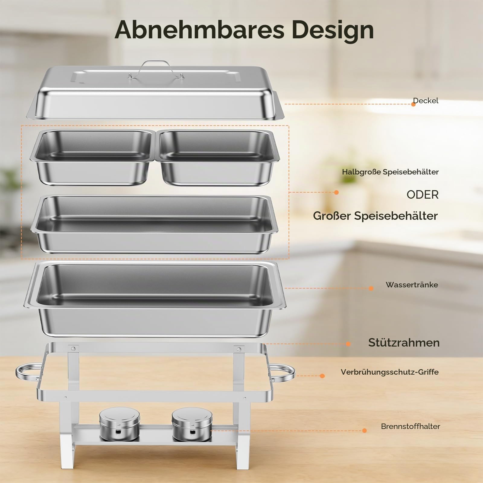 Chafing Dish 2er Set – Warmhaltebehälter Essen aus Edelstahl, Speisenwärmer mit 4X 1/2 GN + 2X 1/1 GN Behältern, Buffetwärmer für Party, Catering & Buffet – inkl. Brenner & Gestell