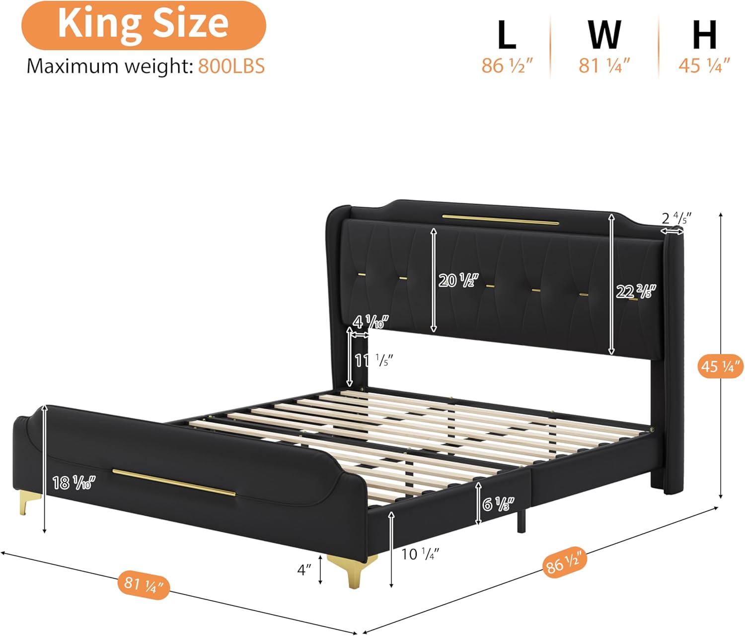 Diagram showing the dimensions of the King size bed frame: 86.5 inches L, 81.25 inches W, 45.25 inches H, with a maximum weight capacity of 800 LBS.