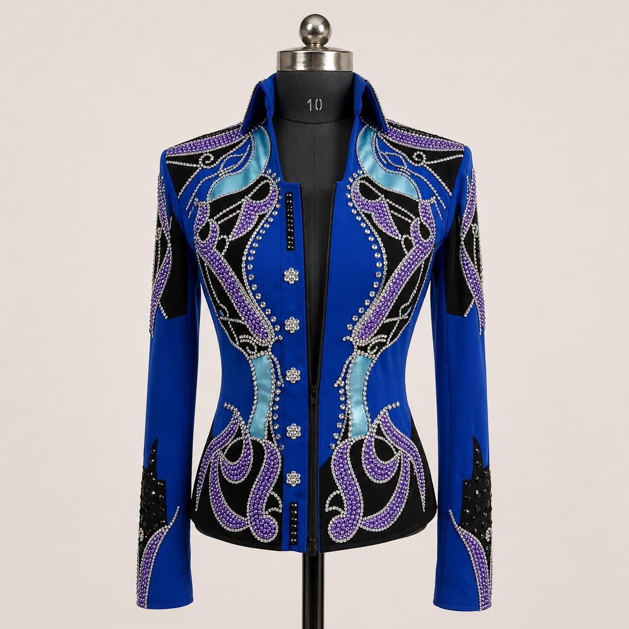Western Women’s Showmanship Jacket – Royal Blue & Black Rhinestone Embellished Show Jacket with Purple Crystal Design