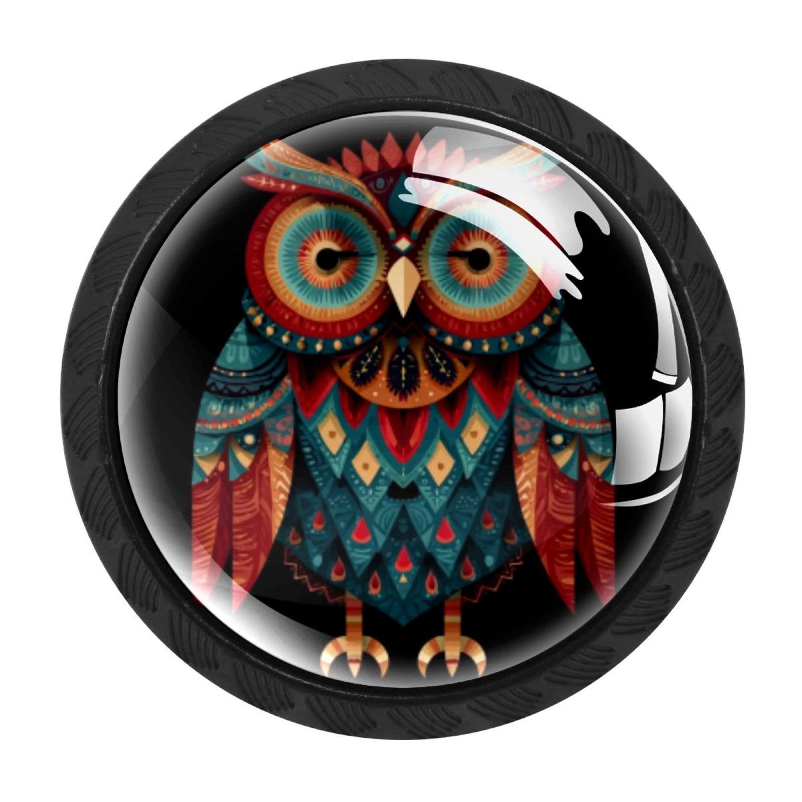 CHENZZZZ 4 Pieces Black Cabinet Pull Handle with Screws,Ethnic Tribal Cartoon Animal Owl (2) Kitchen Knobs, Hardware for Cupboard Drawer Dresser