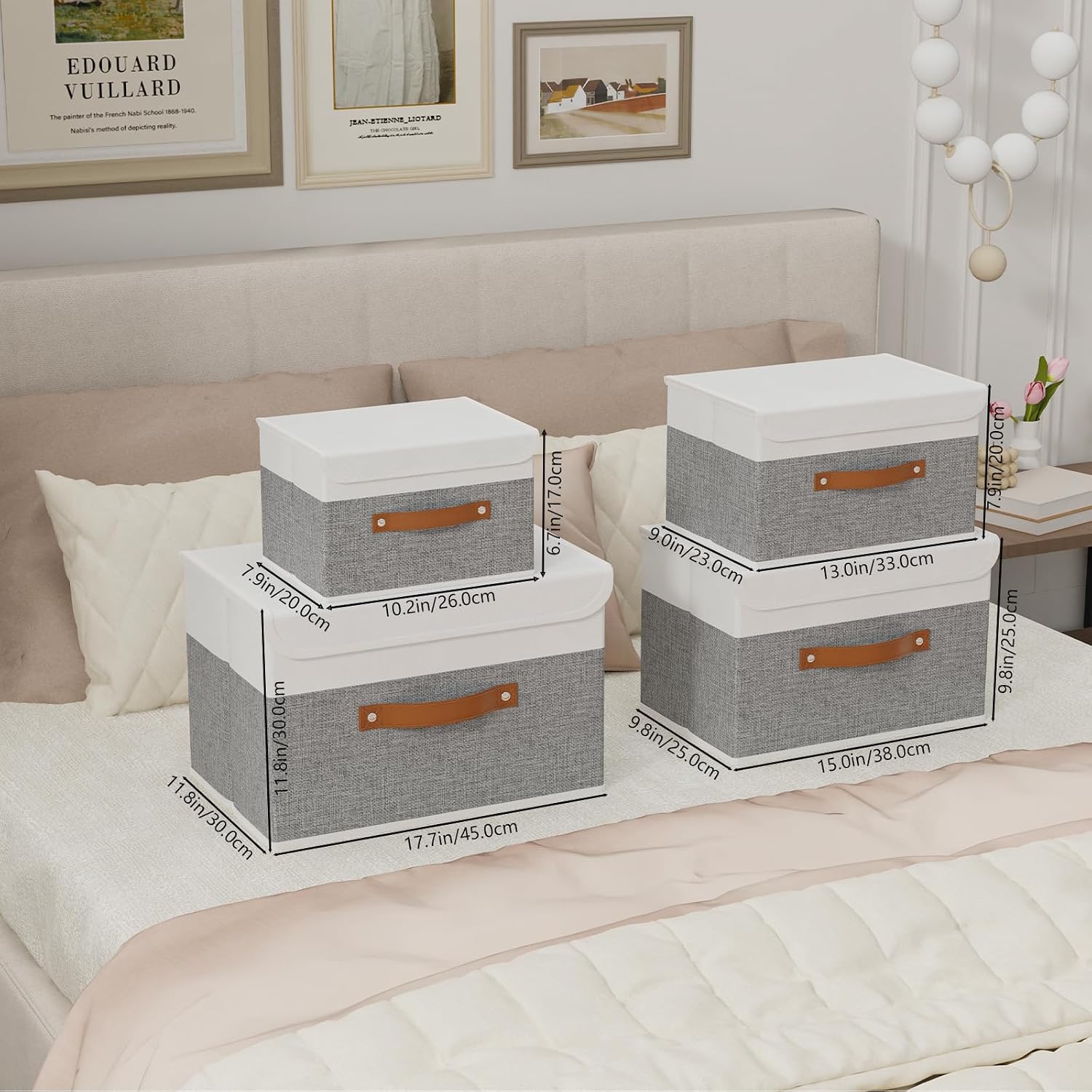 Yawinhe Collapsible Storage Boxes,White/Grey,10.2x7.9x6.7in,1-Pack | Fabric Storage bin with Lids, Washable Cube Organizer Basket; Container with Leather Handle,Closet Organizer for Home