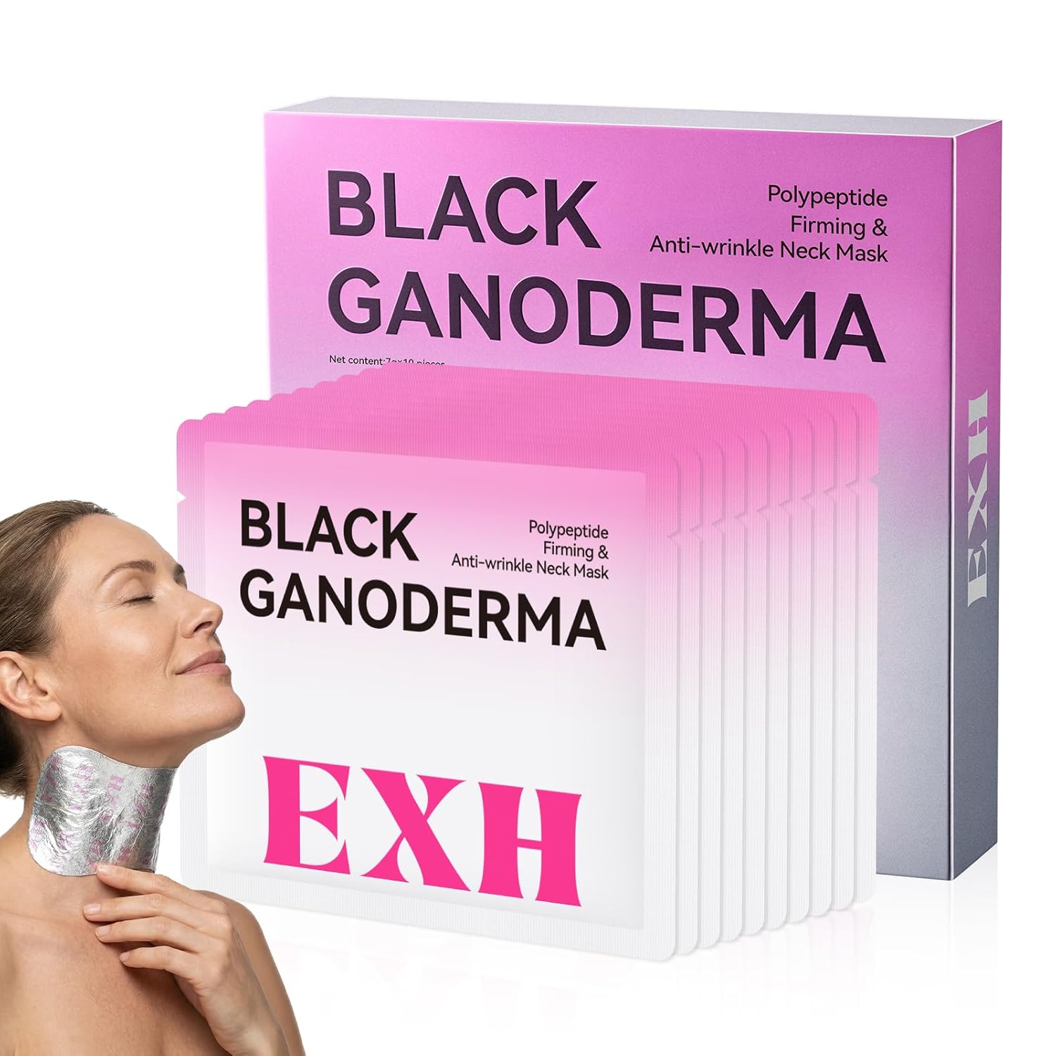 EXH Neck Wrinkle Patches for Tightening and Firming - Collagen Neck Mask with Black Ganoderma Polypeptide - Hydrating Neck Firming Mask for Crepey Skin & Tech Neck (10 Sheets)