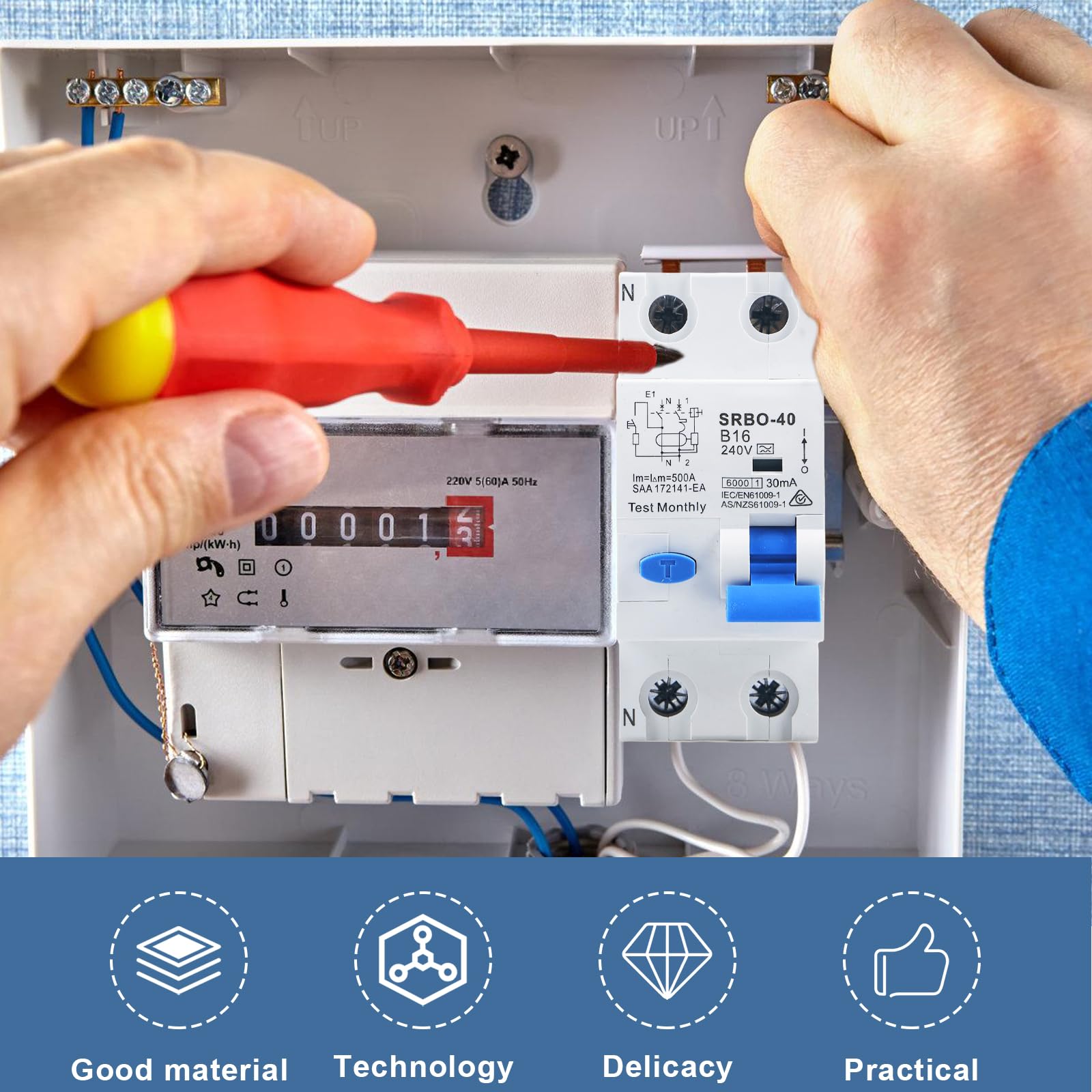 Interruttore FI/LS elettromagnetico, interruttore di sicurezza FI/LS con interruttore di sicurezza RCBO 16A RCD, 230V, 1P+N, 6kA, 30mA, B16, curva B
