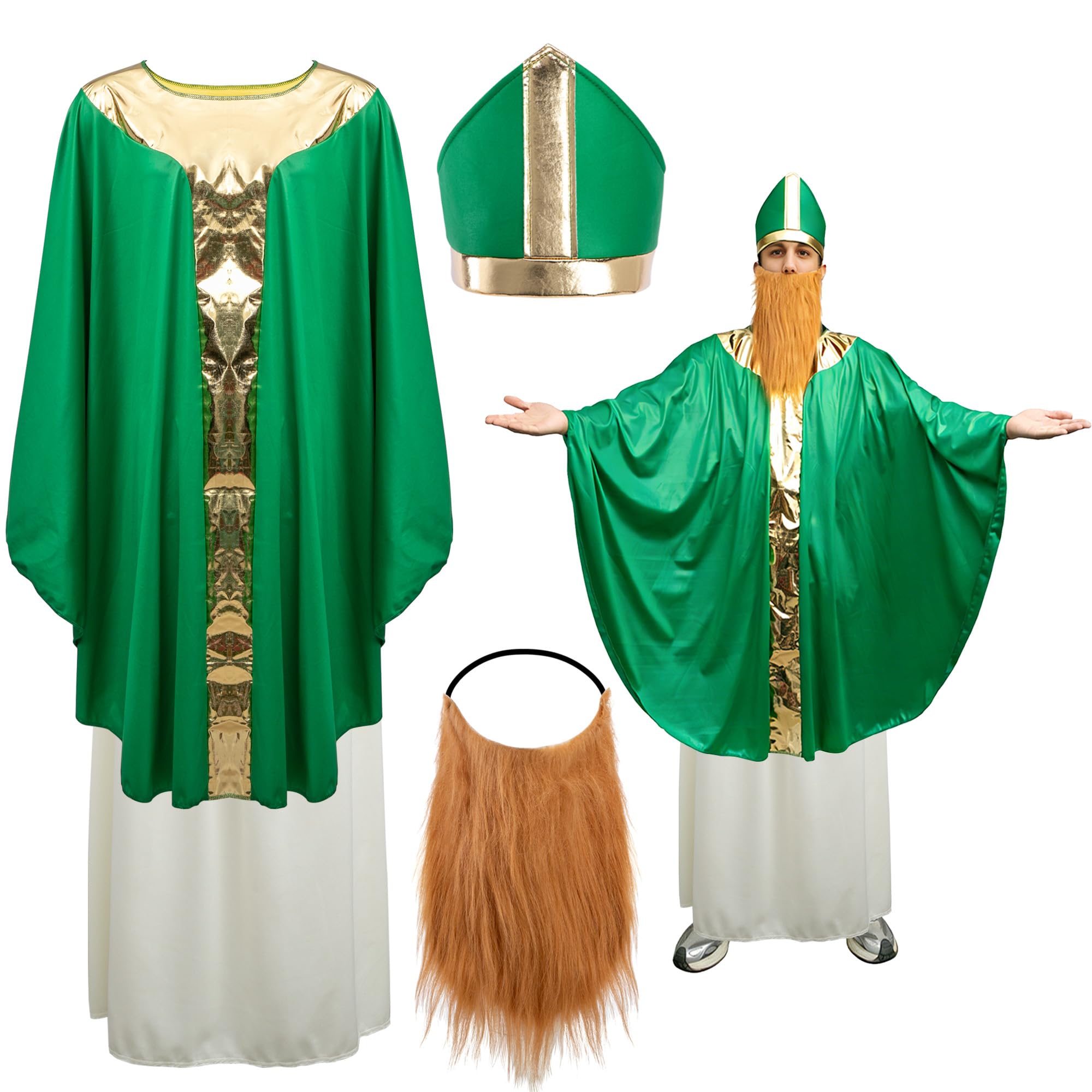 4 Pcs St Patricks Day Wiseman Costume Catholic Saint Patrick Men Costumes Include Robe Waist Skirt Hat and