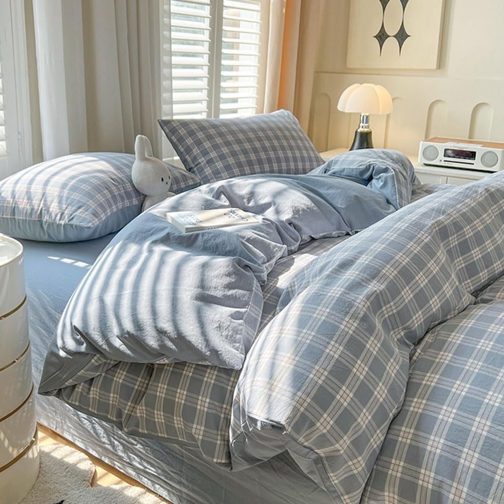Gingham Duvet Cover Queen Blue White Plaid Bedding 3Pcs for Boys Girls Dorm Grid Checkered Bedding Set Soft Breathable Washed Microfiber Farmhouse Comforter Cover with 2 Pillowcases