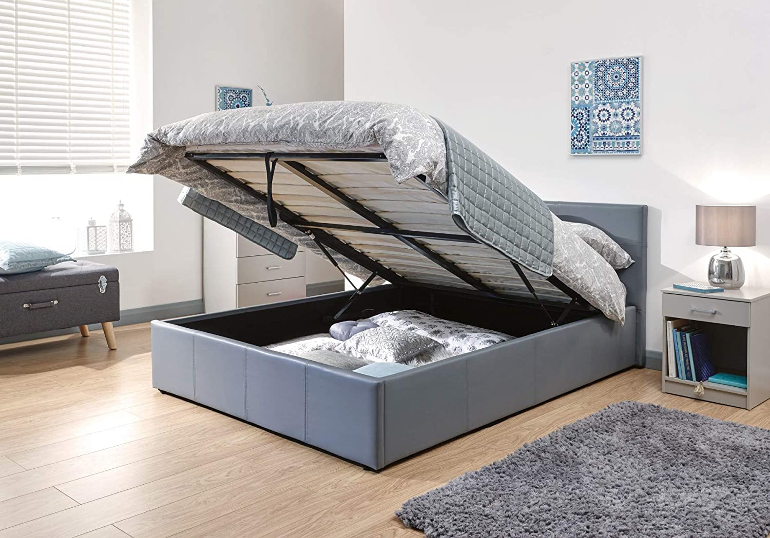 MODERNIQUE® Grey Faux Leather Storage Ottoman Gas Lift Up Bed Frame in Single, Small Double, Double, King & Super King size (3ft Single)