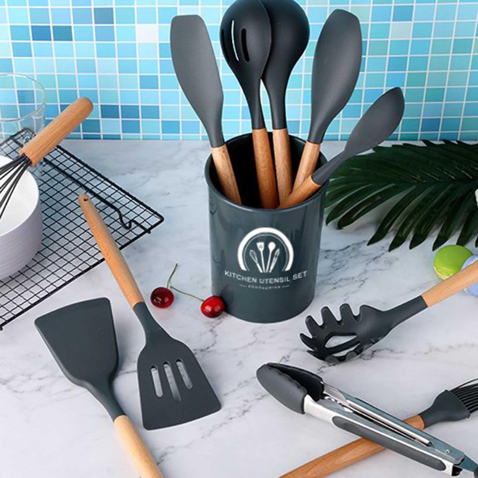 Cucina Silicone | Set da Cucina in Silicone con Manico in Legno | 30 pezzi, silicone antiaderente resistente al calore, set da cucina senza BPA
