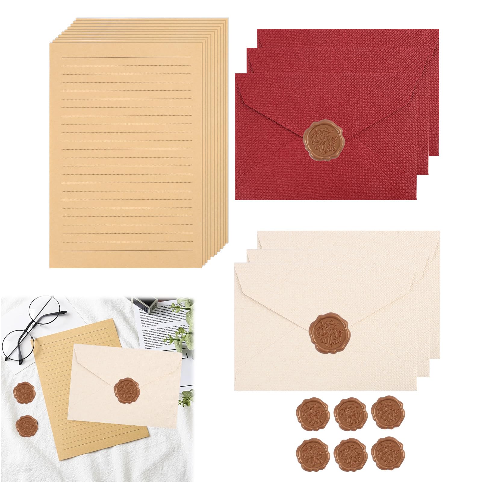Letter Writing Set with 6 Envelopes, 10 Brown Kraft Lined Letter Papers, 6 Wax Seals, Writing Paper Set with Vintage Classic Design for Romantic Gifts, Stationery Paper Set with Envelopes for Weddings