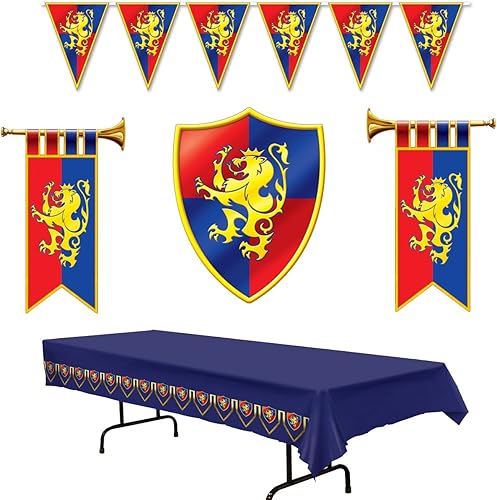 Decoraciones medievales para fiestas, trompetas y escudo de cartón, banderines de plástico y mantel (paquete de 5) por Multiple