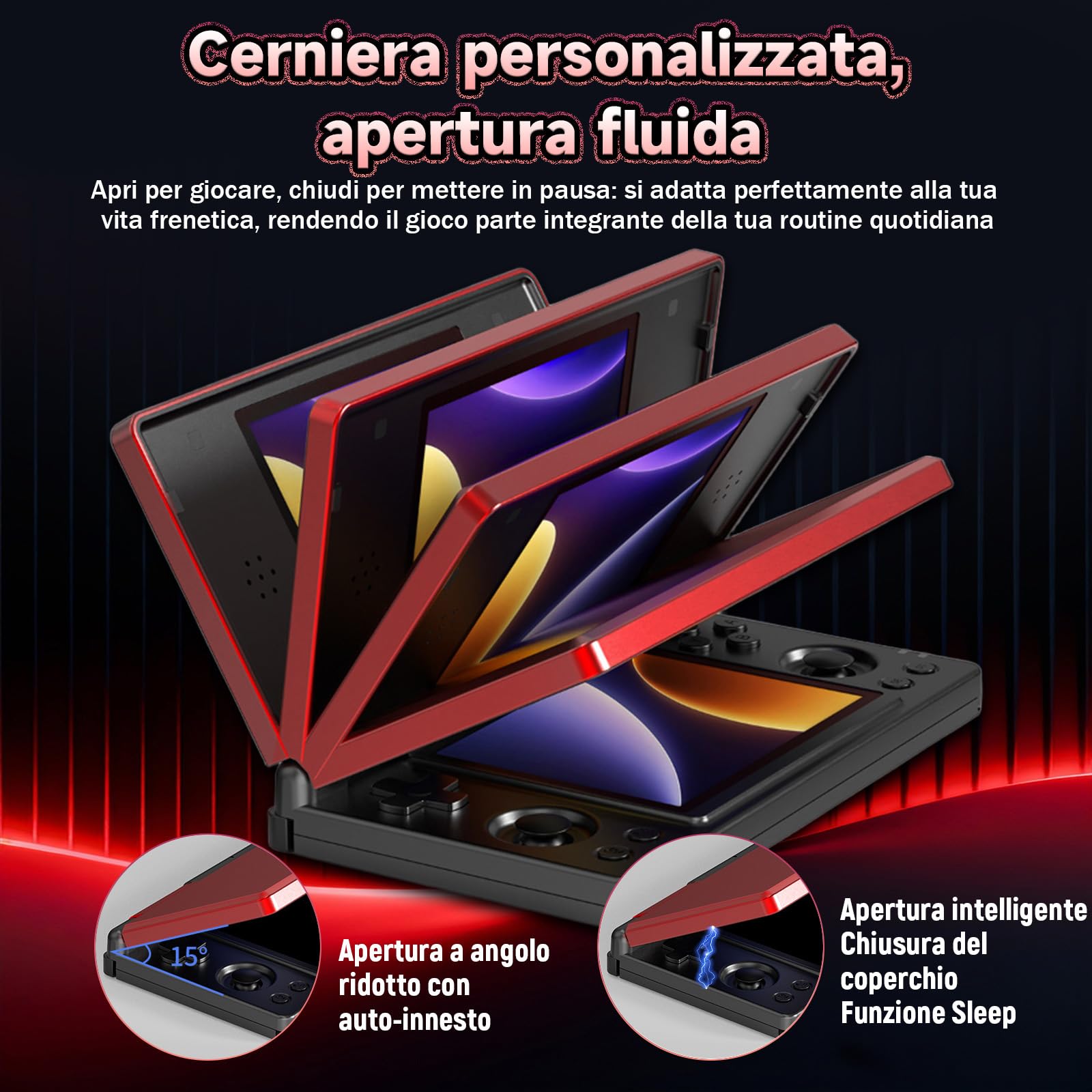 HKOORLAMULS Console portatile gaming con stilo capacitivo Console Retro Game Android14, Videogiochi pieghevole a doppio schermo da 4 pollici,Wi-Fi2,4+5 GHz e Bluetooth 4.2,batteria da 4000mAh (Nero)