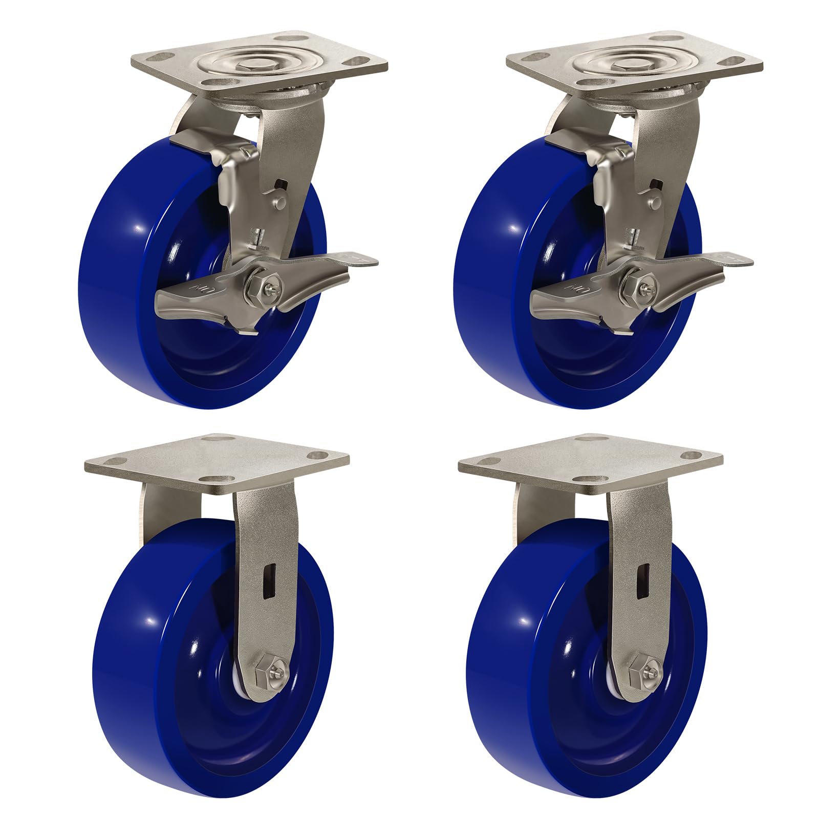 6"x2" Stainless Steel Casters, Anti-Corrosion Rust-Proof Industrial Caster- Blue Solid Polyurethane Wheel Capacity up to 4800 Lb. Use for Food