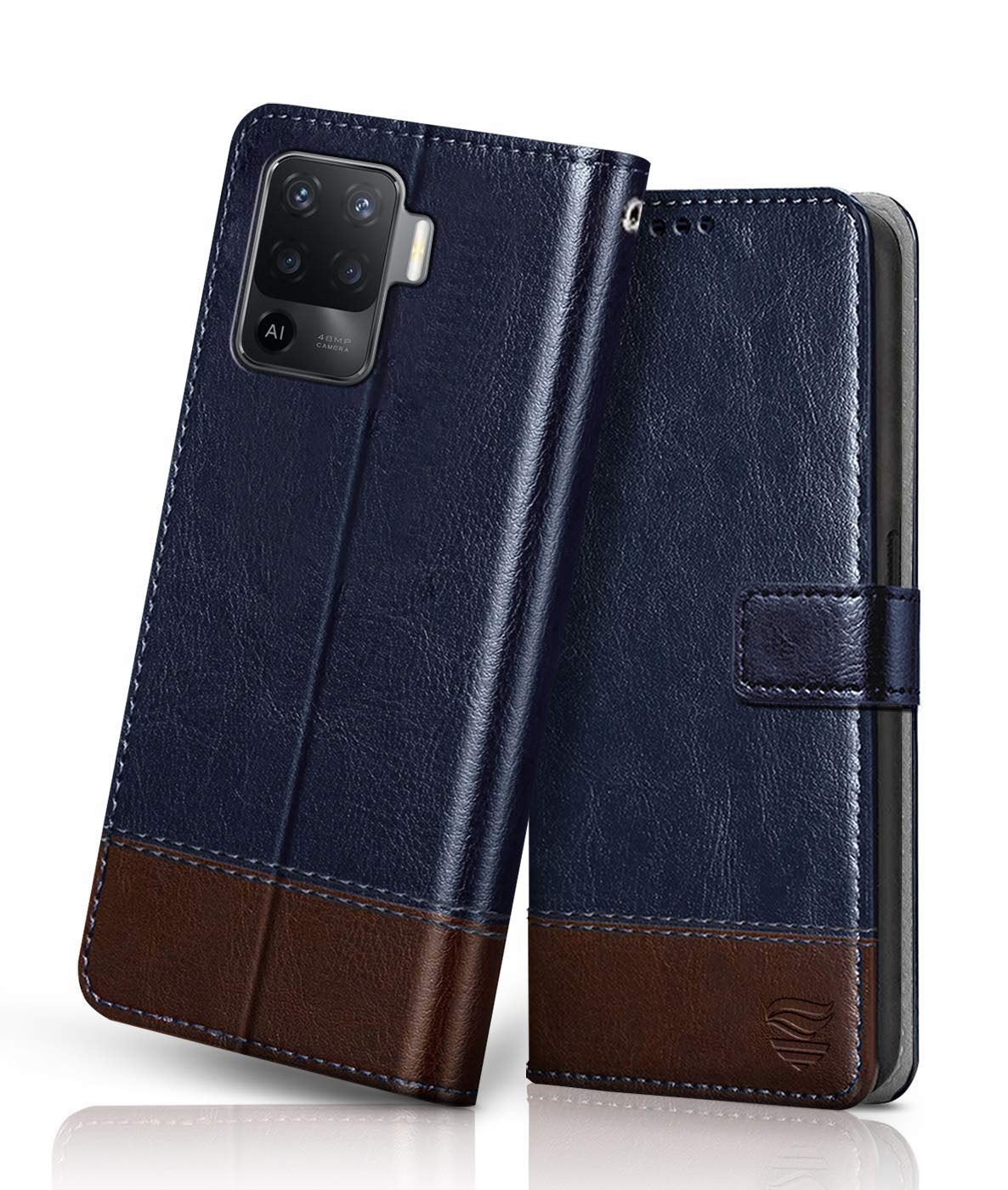 FLIPPED Vegan Leather Flip Case Back Cover for Oppo F19 Pro (Flexible, Shock Proof | Hand Stitched Leather Finish | Card Pockets Wallet & Stand | Blue with Brown) (B08Z462TKR) Amazon Price History, Amazon Price Tracker