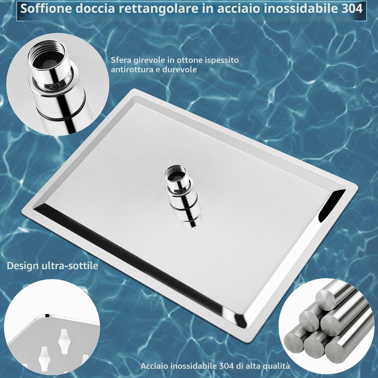 Soffione doccia a pioggia extra large, 40 x 30 cm, rettangolare, in acciaio inox, ad alto flusso, copertura a cascata, finitura di lusso per il bagno (cromato)