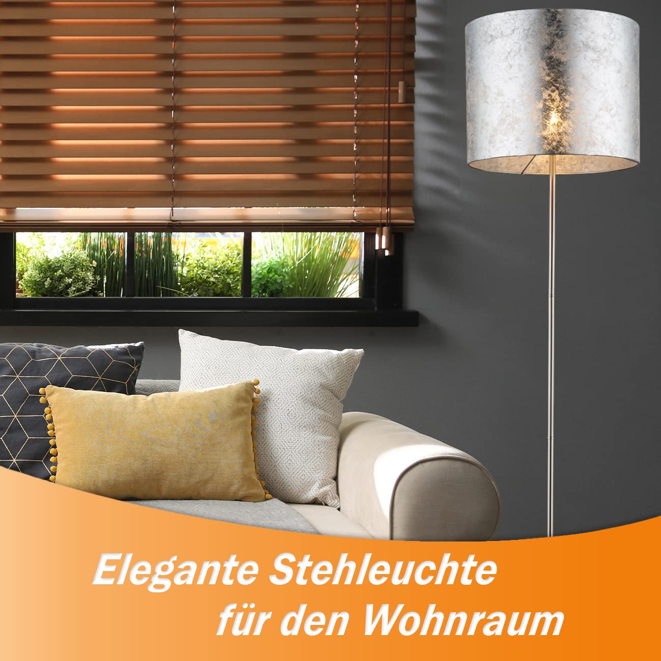 Stehlampe Elegant 160 Cm – Mit Silbernem Textilschirm, Inkl. 9W LED Leuchtmittel, Schalter