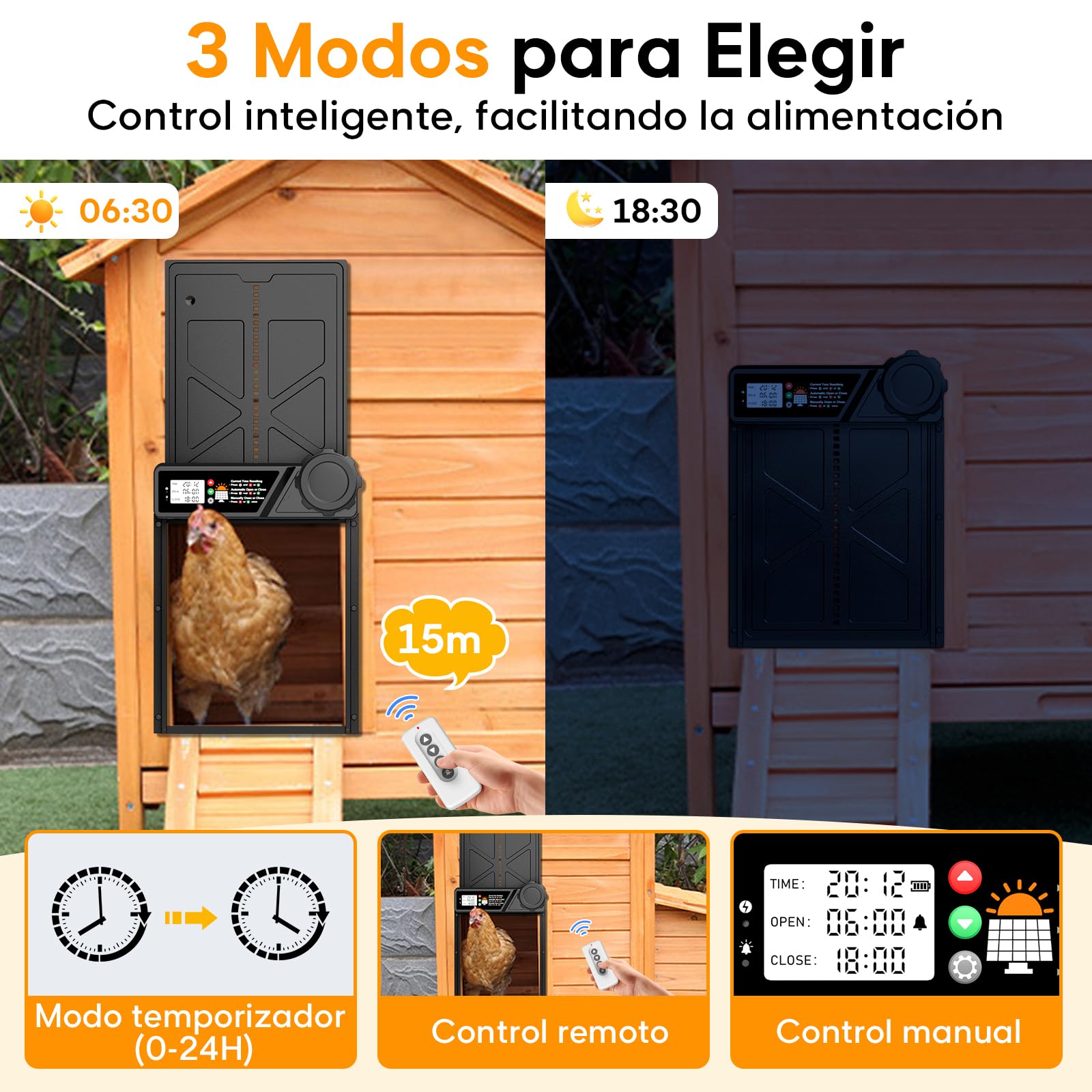Puerta automática para gallinero solar con pantalla LCD impermeable, temporizador, control remoto, función antipellizco, negro