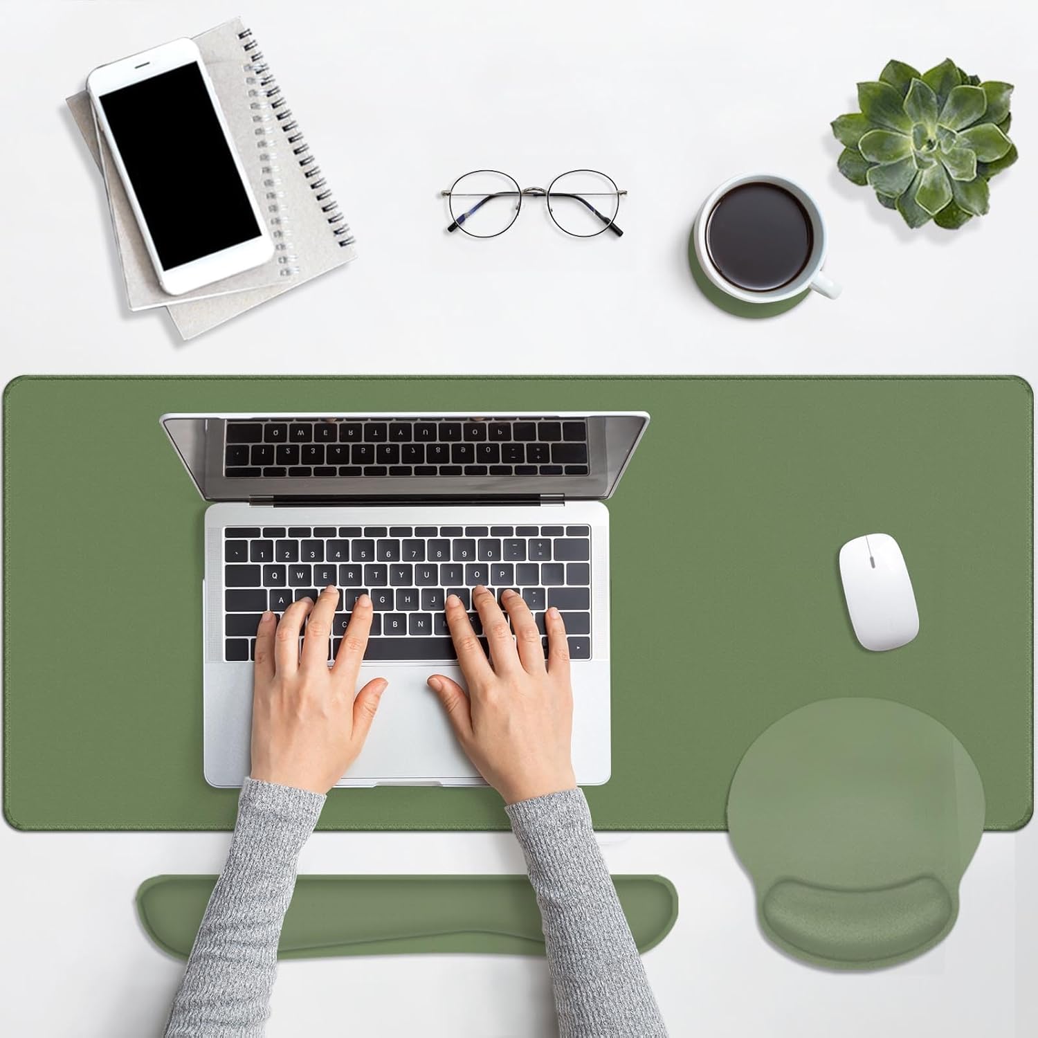 Britimes Olive Green Keyboard Mouse Pad Set 4in1 Large Mousepad+Keyboard Wrist Rest+Mouse Wrist Rest+Coaster Ergonomic Design for Home Office Computer 35.4x15.7Inches - Image 7