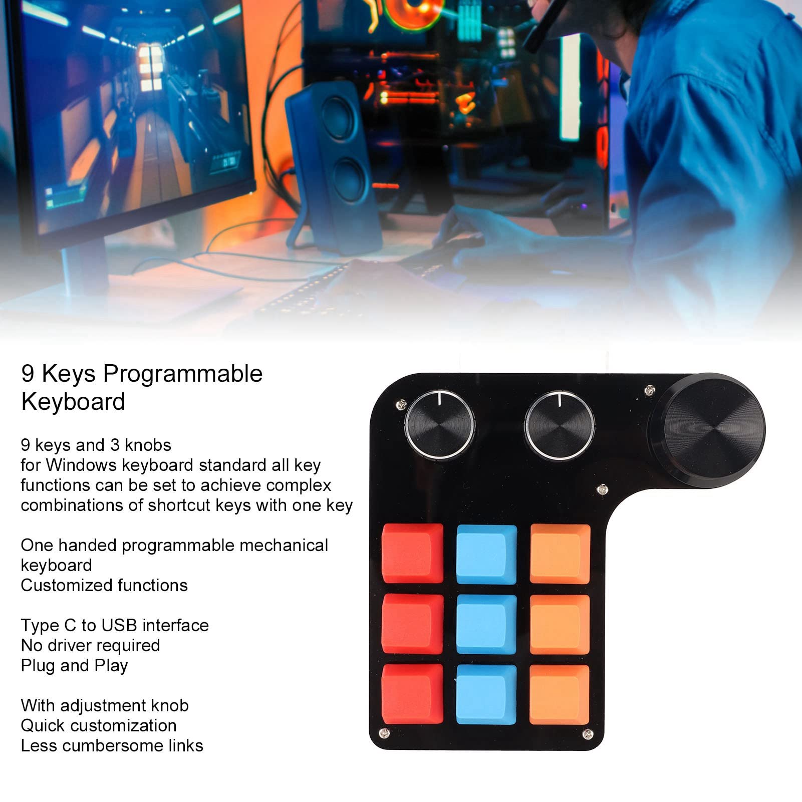 Tastiera Programmabile a 9 Tasti, Tastiera da Gioco Meccanica Mini Macro con 3 Manopole per Ufficio, Progettazione Grafica, Editing Video