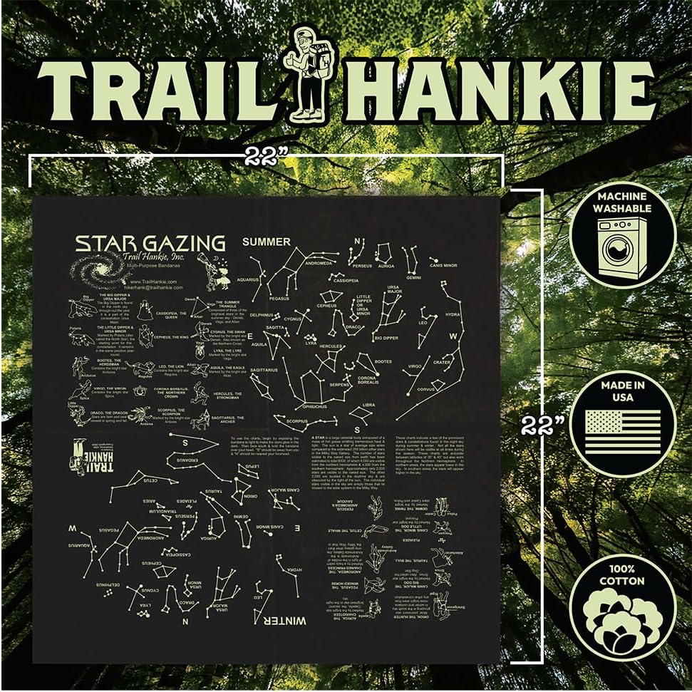 Stargazing Glow-in-the-Dark Bandana (Light Activated) – Constellation Star Map for Camping, Hiking & Night Sky Identification