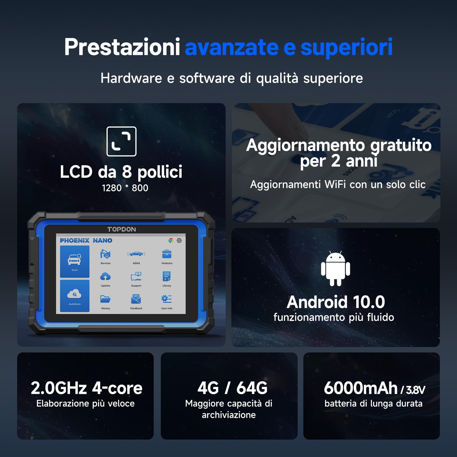 TOPDON Dispositivo diagnostico Auto Phoenix Nano, OBD2 Dispositivo diagnostico per tutti i veicoli, codifica unità di controllo, tutte le diagnosi di sistema, controllo bidirezionale, 32+ Reset