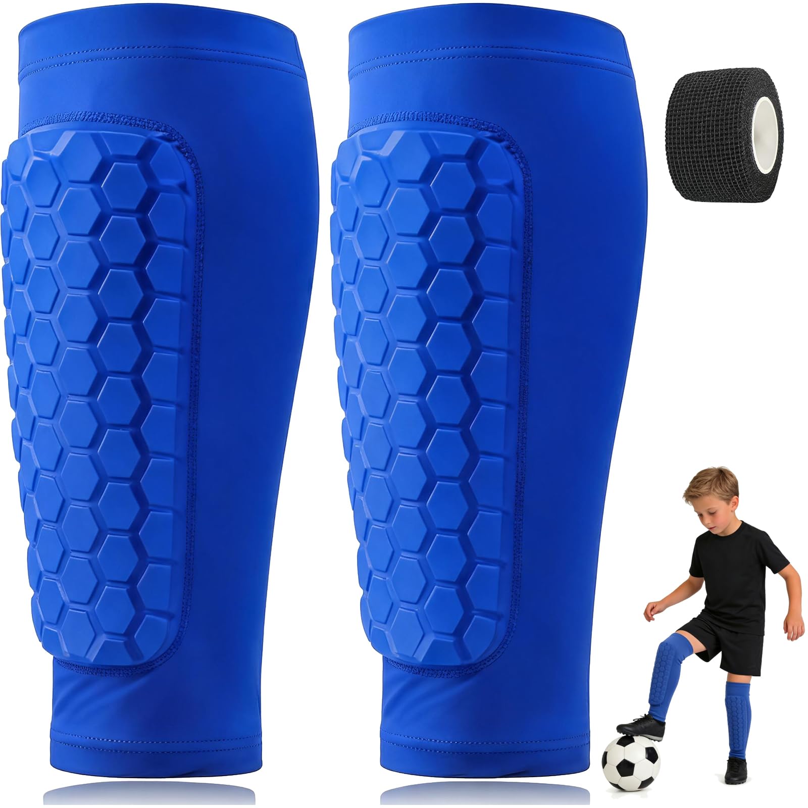 TiGog Football Shin Pads for Kids, with Self Adhesive Bandage, Honeycomb Compression Sleeve Football Shin Guards, Superior Impact Absorption, Ski Shin Guards for Boys Girls Teenagers (Blue, M)