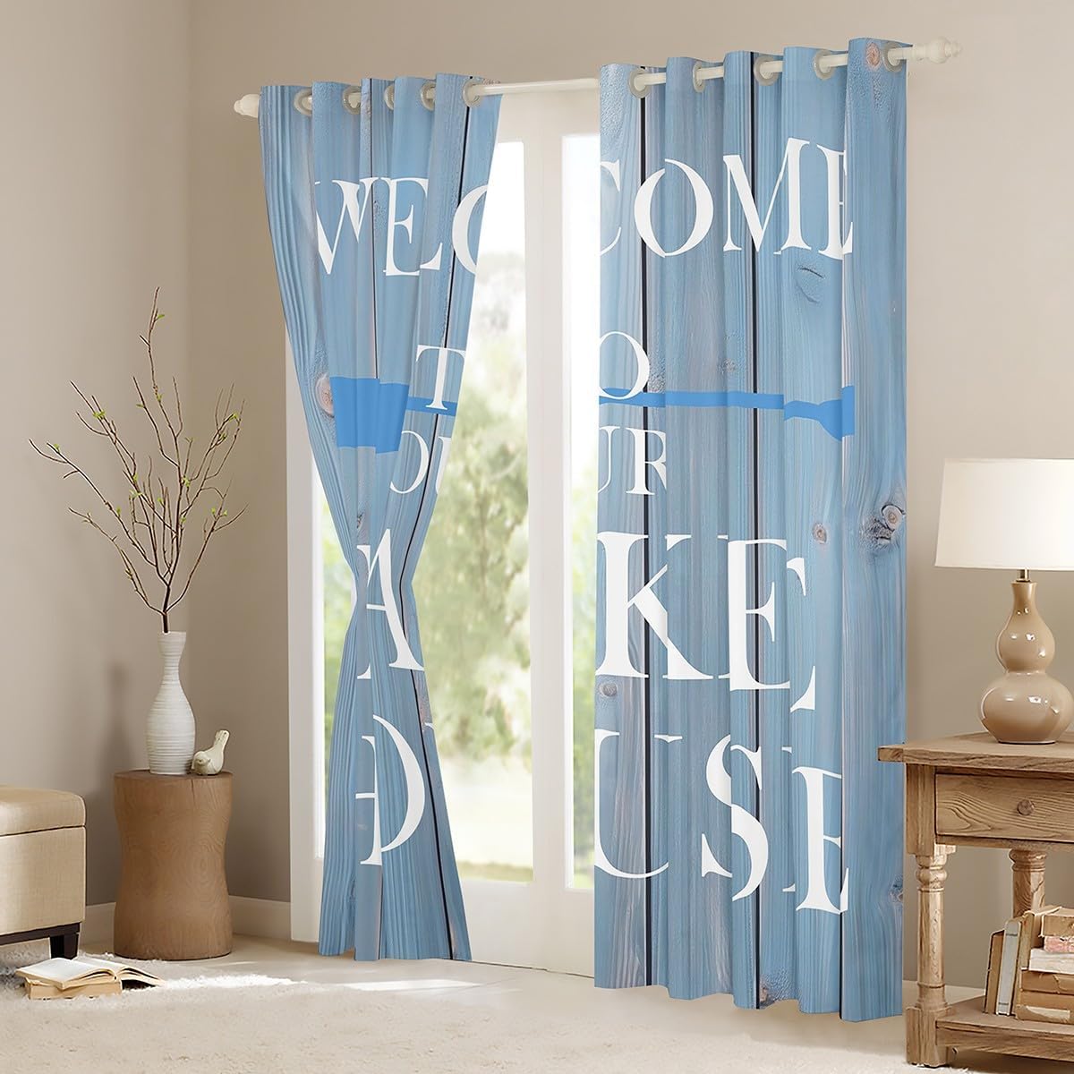 Lake House Window Curtains Cabin Rustic Farmhouse Style Window Drapes, Blue Wooden Plank Lake Themed Window Treatments, Kids Boys Girls Room Decor, Grommet Top 2 Panel Set Curtains, 38Wx45L inch