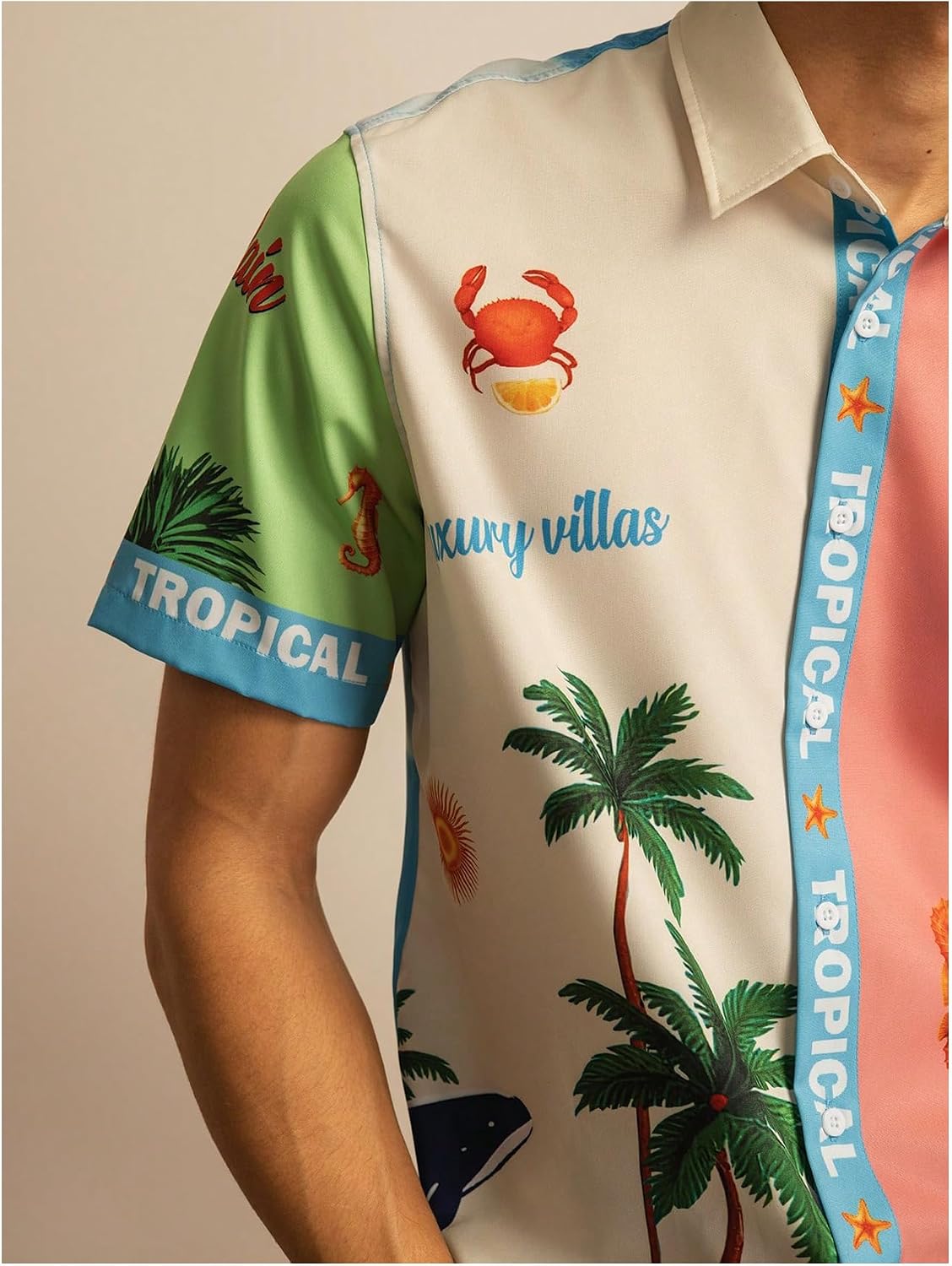 SweatyRocks Men's Tropical Print Hawaiian Shirt Short Sleeve Color Block Button Down Collar Shirts