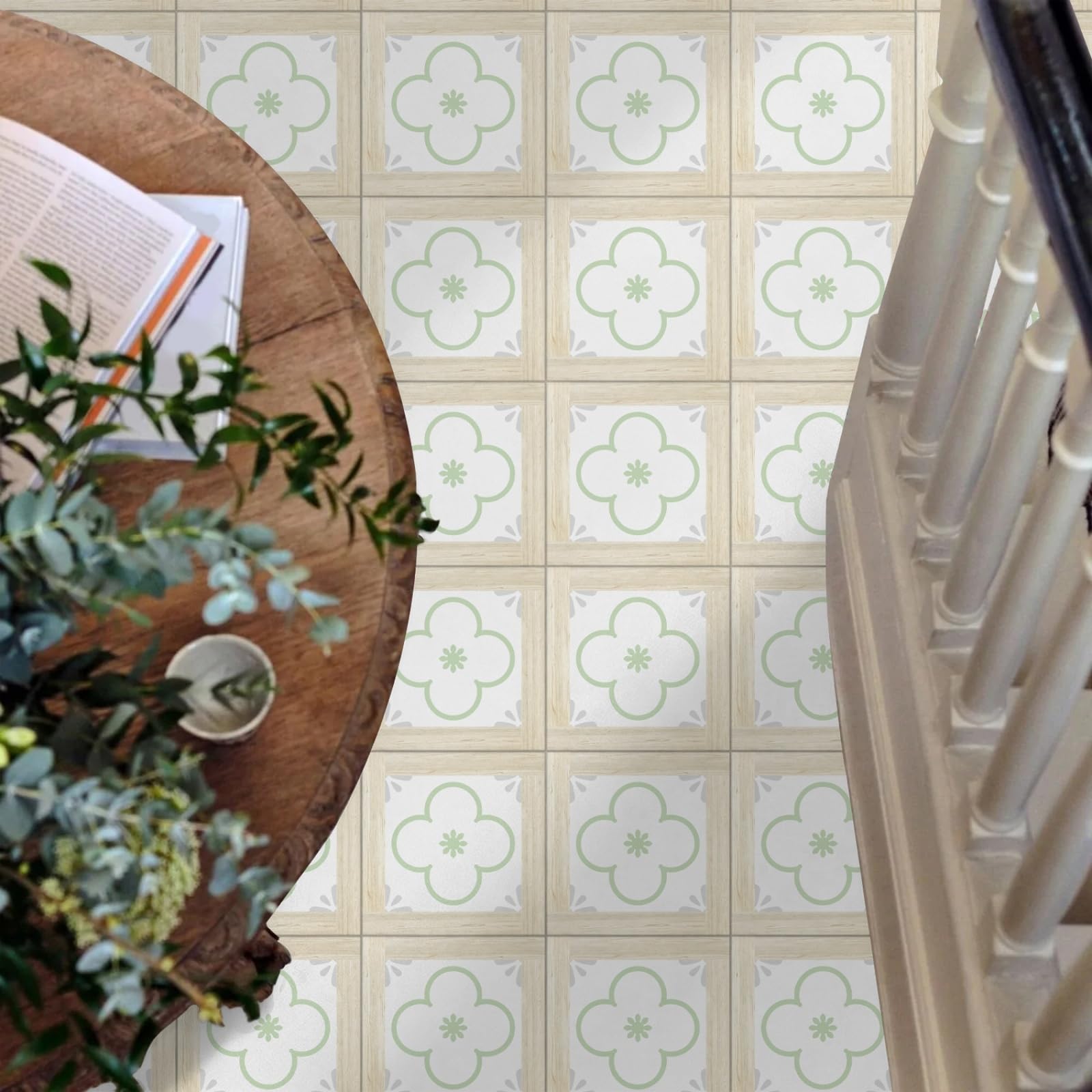 Rmjcxys Minimalist Green Flower Stick On Tiles Kitchen Tile Stickers Waterproof Vinyl Decals Self Adhesive Stick On Bathroom Tiles Backsplash Decorative Tile Covers 20X20 Cm/ 5 Pcs