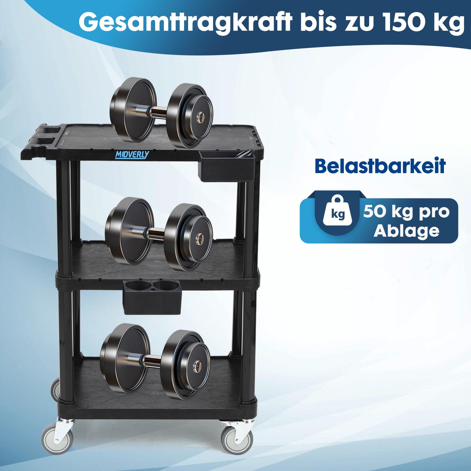 Schwerlast-Servierwagen, 69,9 x 46,4 cm, 3-stöckiger Rollwagen, Industrie-Kunststoff, Tragkraft 150 kg, Flache Ablagen mit Lenkrollen – Vielseitiger mobiler Wagen
