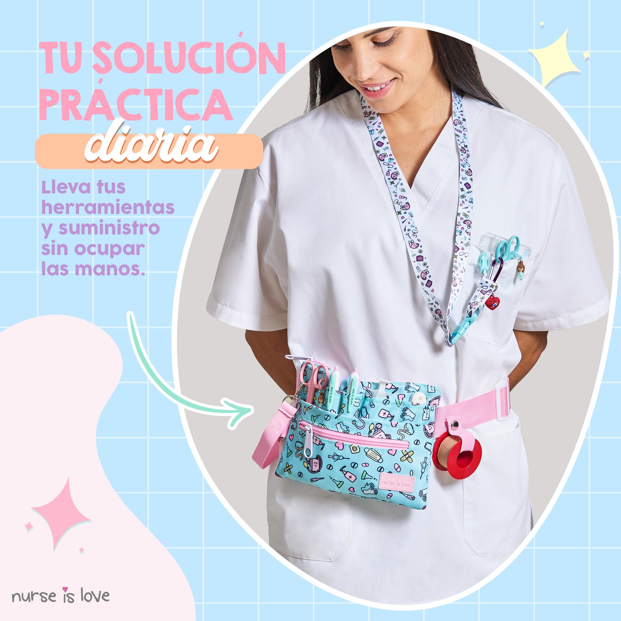 Nurse Is Love Riñonera Enfermera Aqua con Mosquetón | Organizador, Bolsa de Mujer Varios Bolsillos | Coloca Tijeras Enfermeria | Regalos Original | Tcae Accesorios