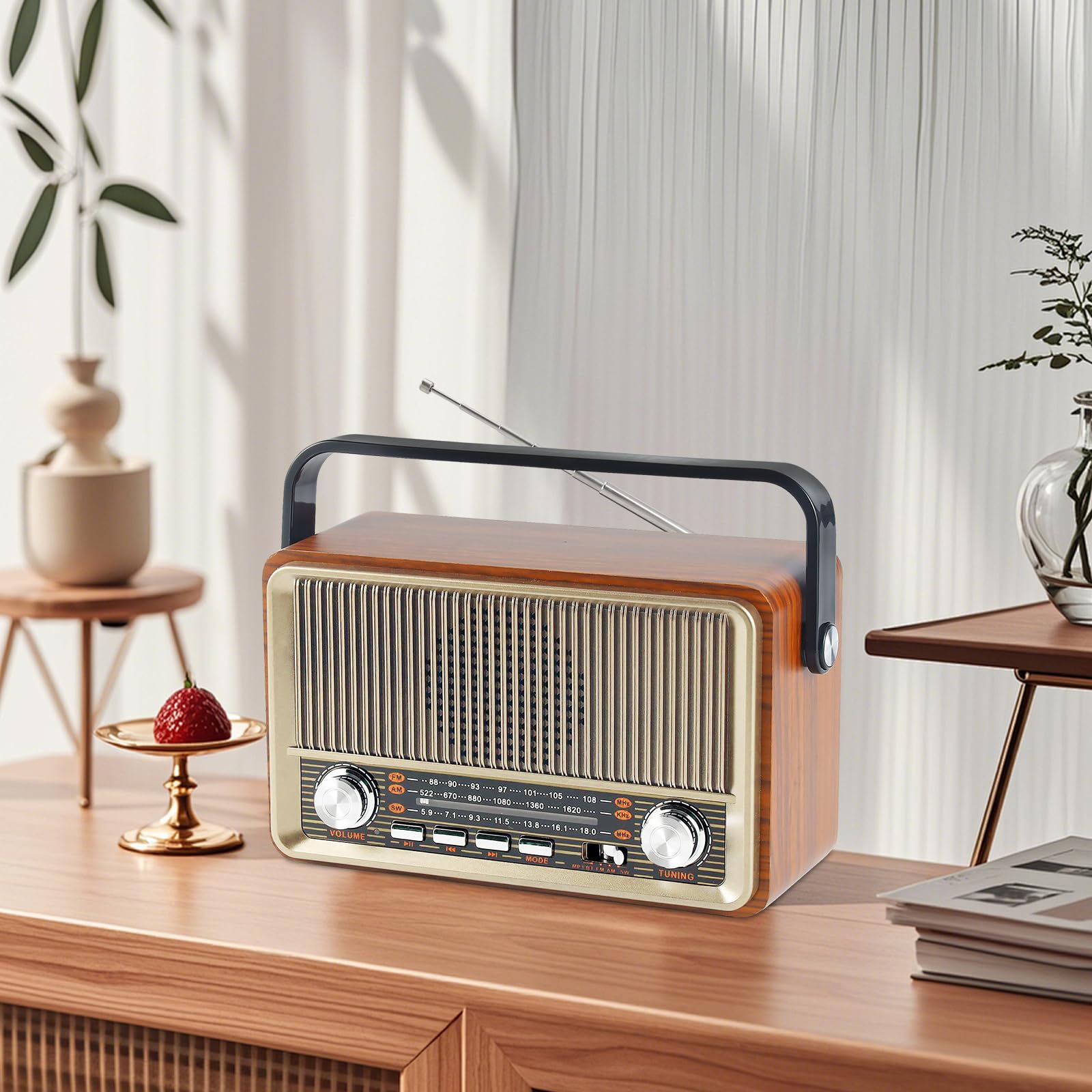 Radio rétro avec Bluetooth, petite radio de valise nostalgie avec AM/FM/SW3, USB/TF/AUX, rechargeable, radio de cuisine, radio vintage pour cuisine, bureau, extérieur